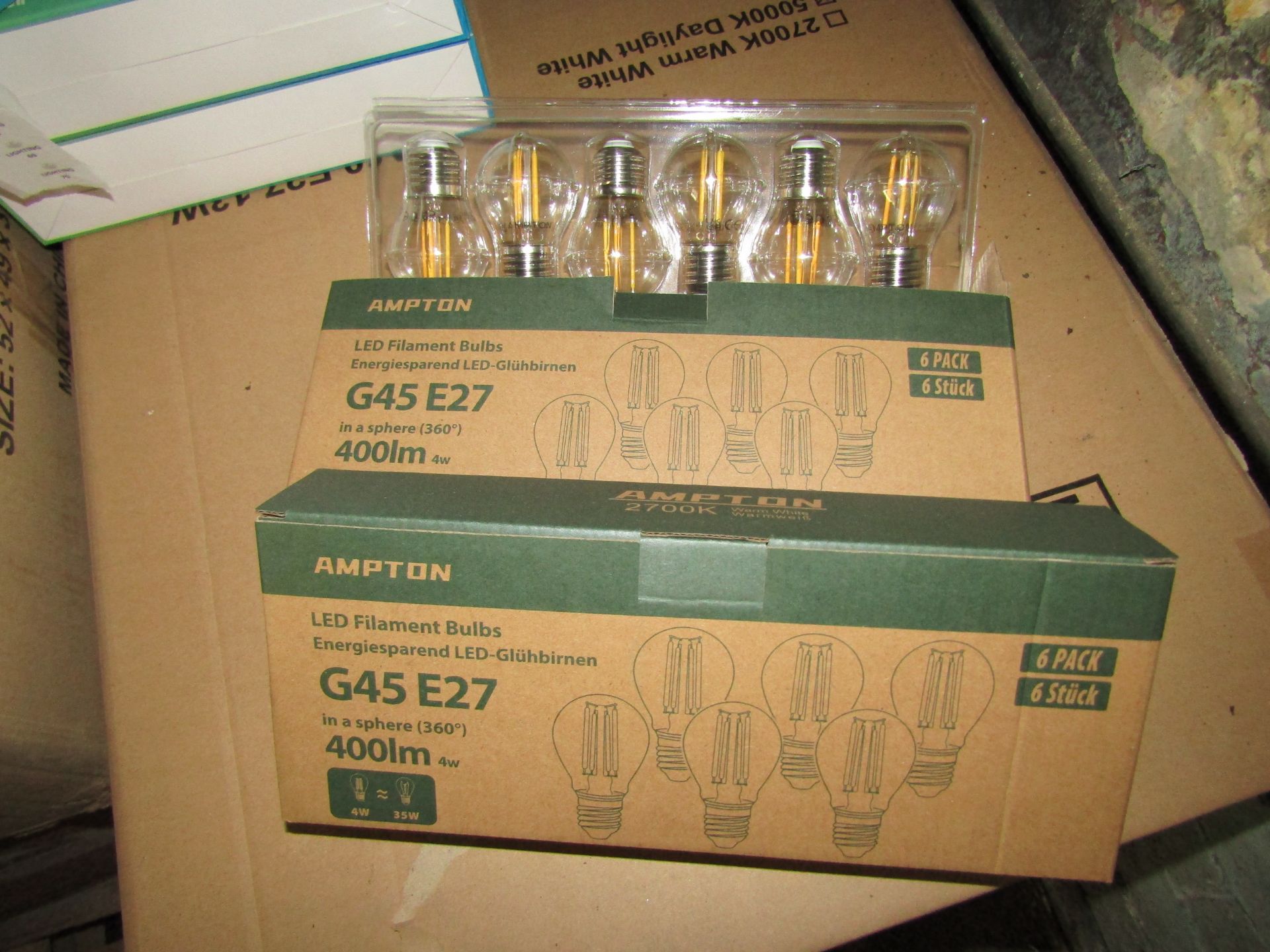 2X AMPTON - G45 E27 400 Lumen LED Filament Light Bulbs - Pack of 6 - New & Boxed.