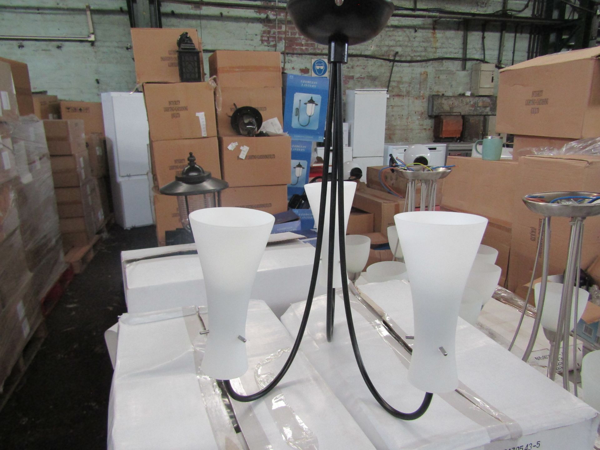 Black 3 Arm Pendant Light Fitting with frosted glass shades. H40cm x W45cm. New & Boxed. (box