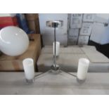 Chrome 3 Arm Pendant Light Fitting withwhite frosted glass shades.H30cm x W40cm. New & Boxed (541-