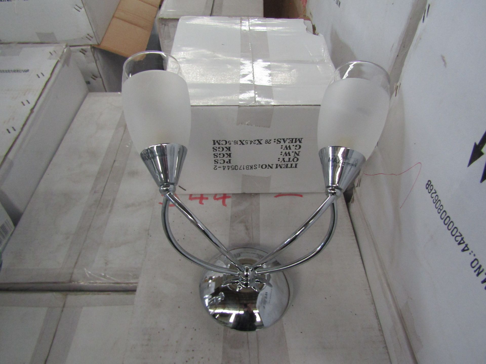 Chrome 2 Arm wall light fitting.with 3/4 frosted glass shades. H30cm x 30cm)New & Boxed. (544-2)