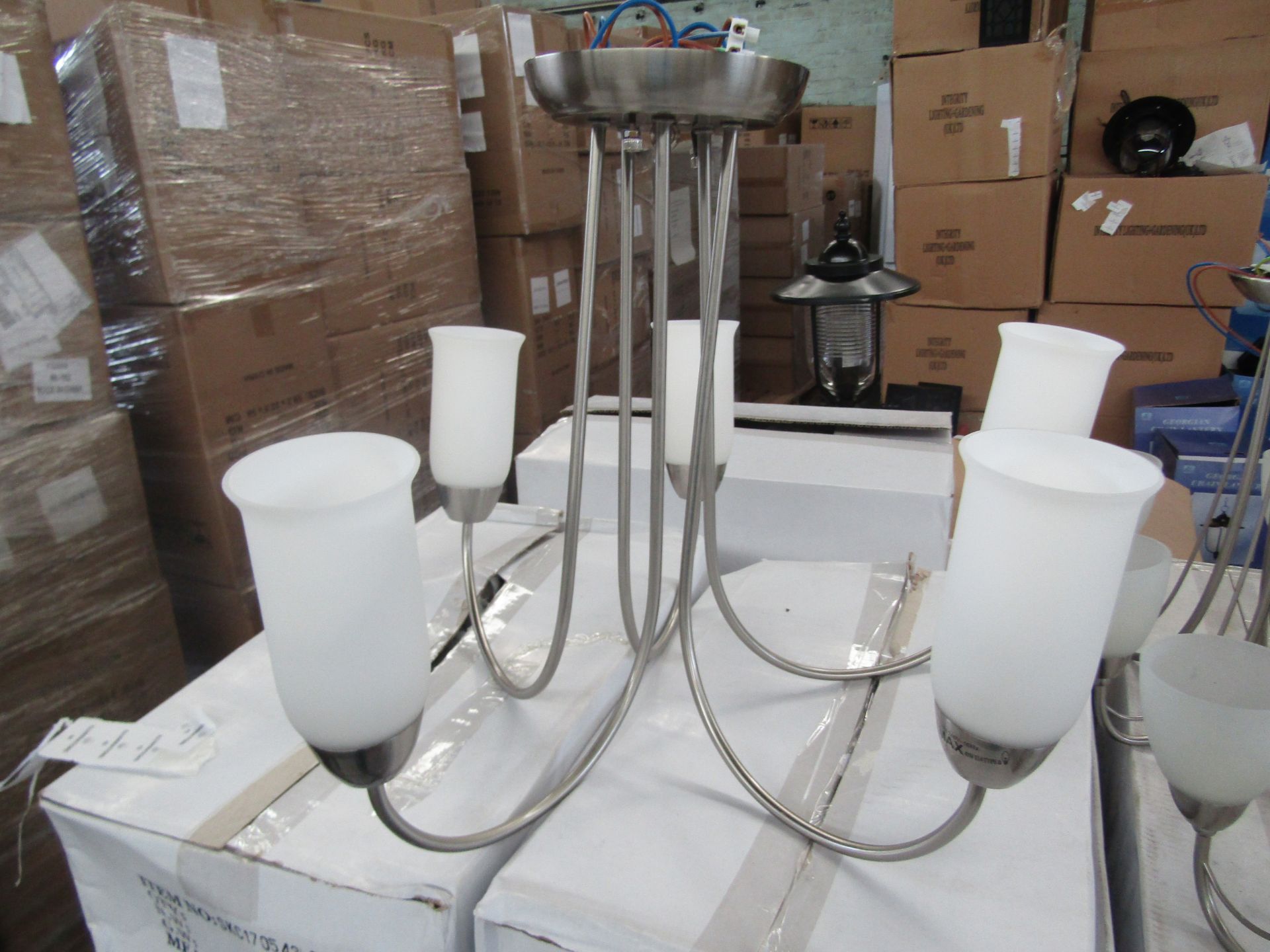 Satin Nickel 5 Arm Pendant light fitting with frosted glass shades. H40cm x W45cm (boxes maybe