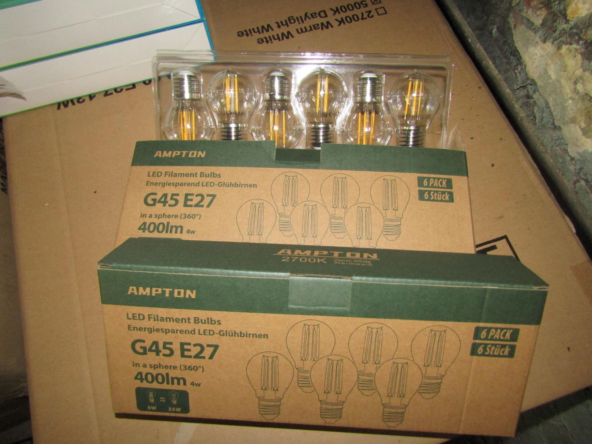 2X AMPTON - G45 E27 400 Lumen LED Filament Light Bulbs - Pack of 6 - New & Boxed.