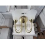 Brass 2 Arm Wall Light fitting with frosted glass shades. H20cm x W30cm. New & Boxed (box maybe shop