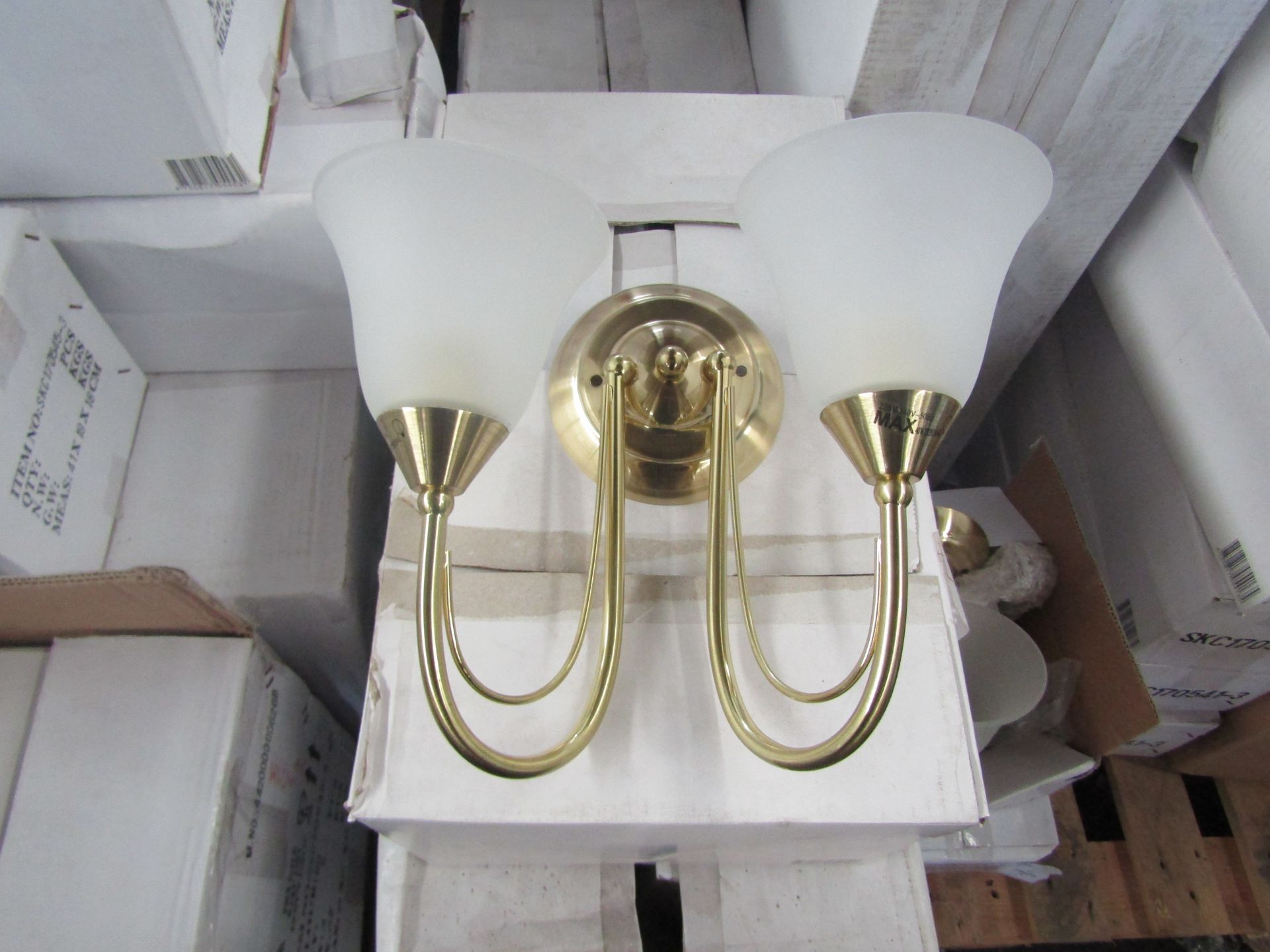 Brass 2 Arm Wall Light fitting with frosted glass shades. H20cm x W30cm. New & Boxed (box maybe shop