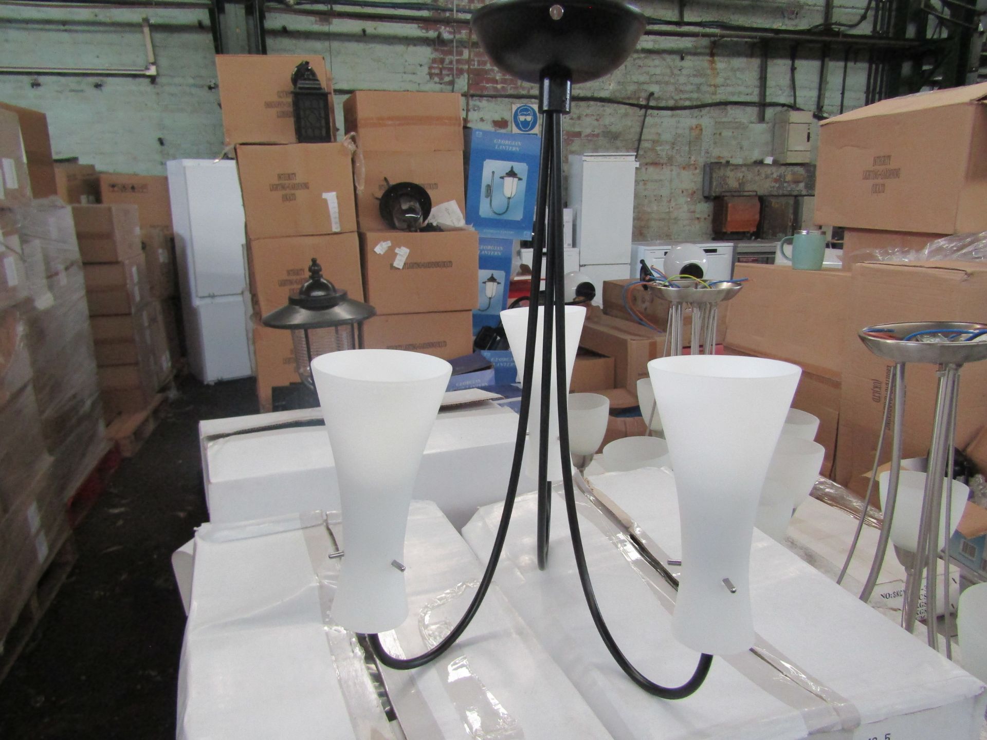 Black 3 Arm Pendant Light Fitting with frosted glass shades. H40cm x W45cm. New & Boxed. (box