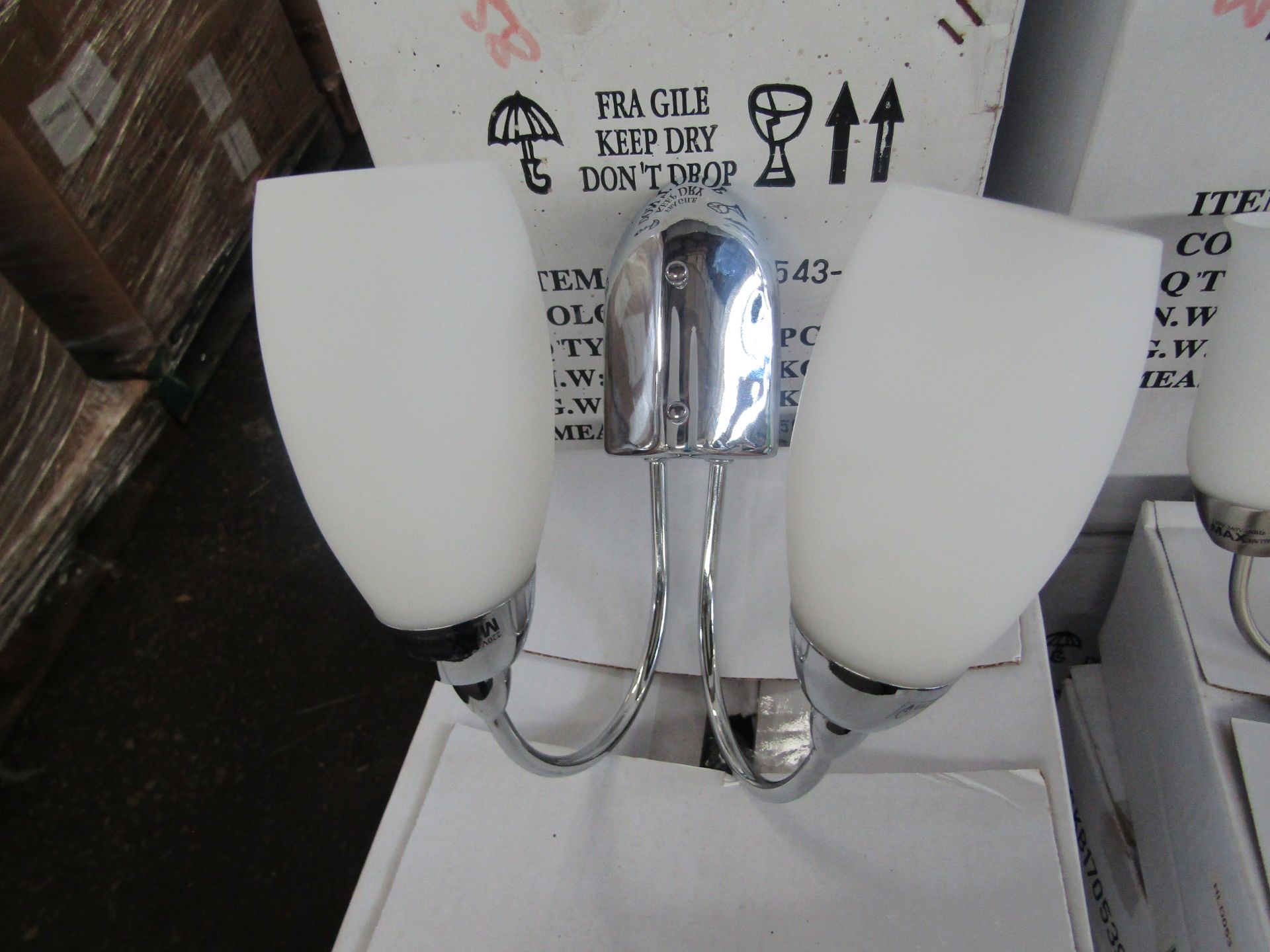 Chrome 2 Arm Wall light fitting with frosted glass shades. H28cm x W20cm. New & Boxed (box maybe