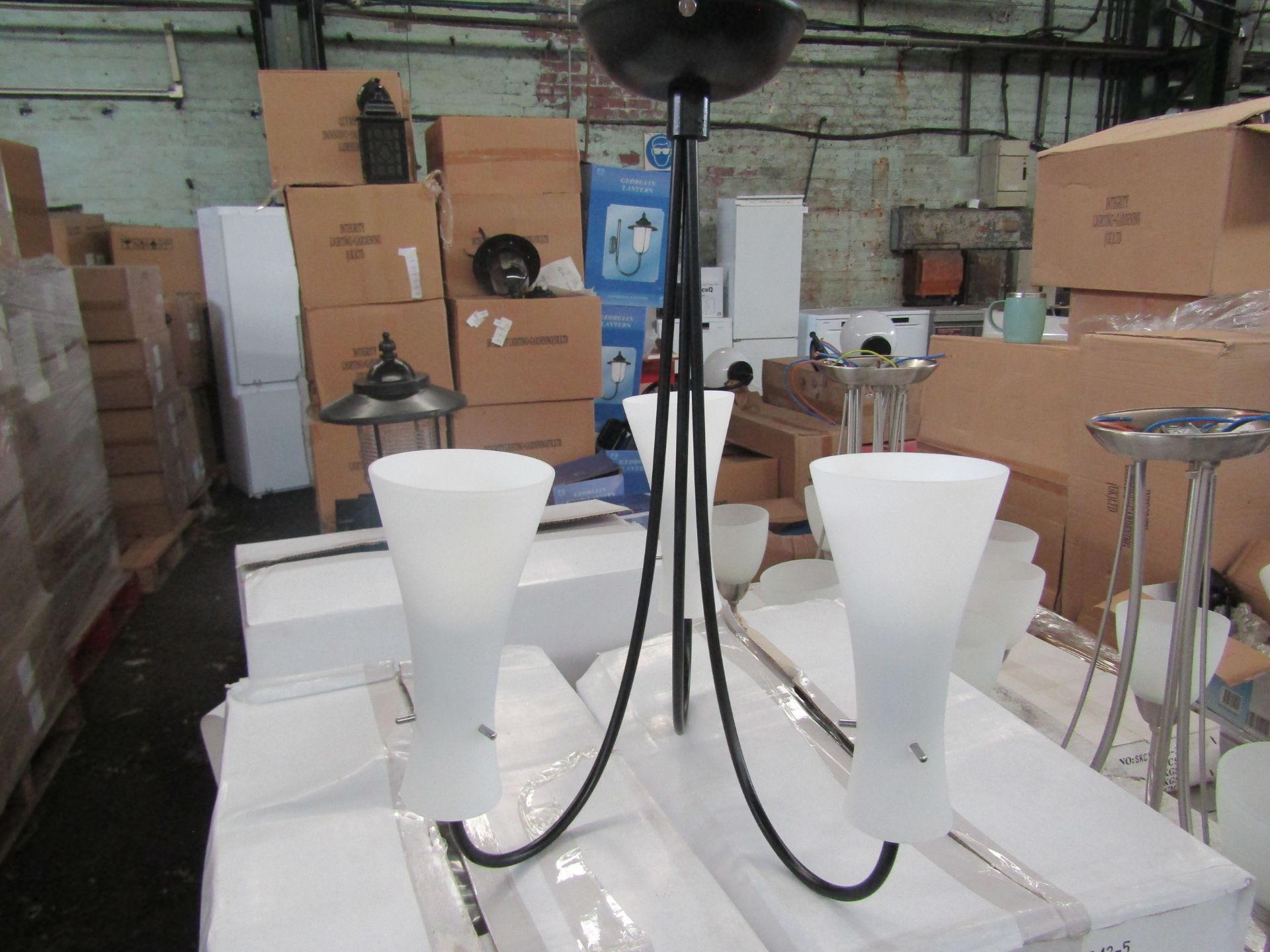 Black 3 Arm Pendant Light Fitting with frosted glass shades. H40cm x W45cm. New & Boxed. (box