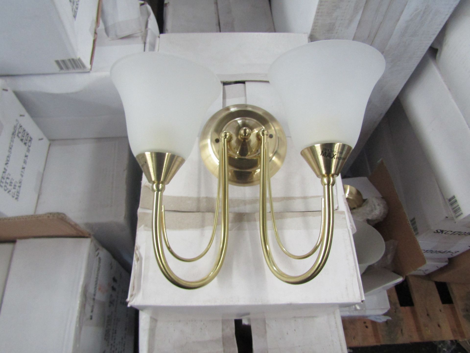 Brass 2 Arm Wall Light fitting with frosted glass shades. H20cm x W30cm. New & Boxed (box maybe shop