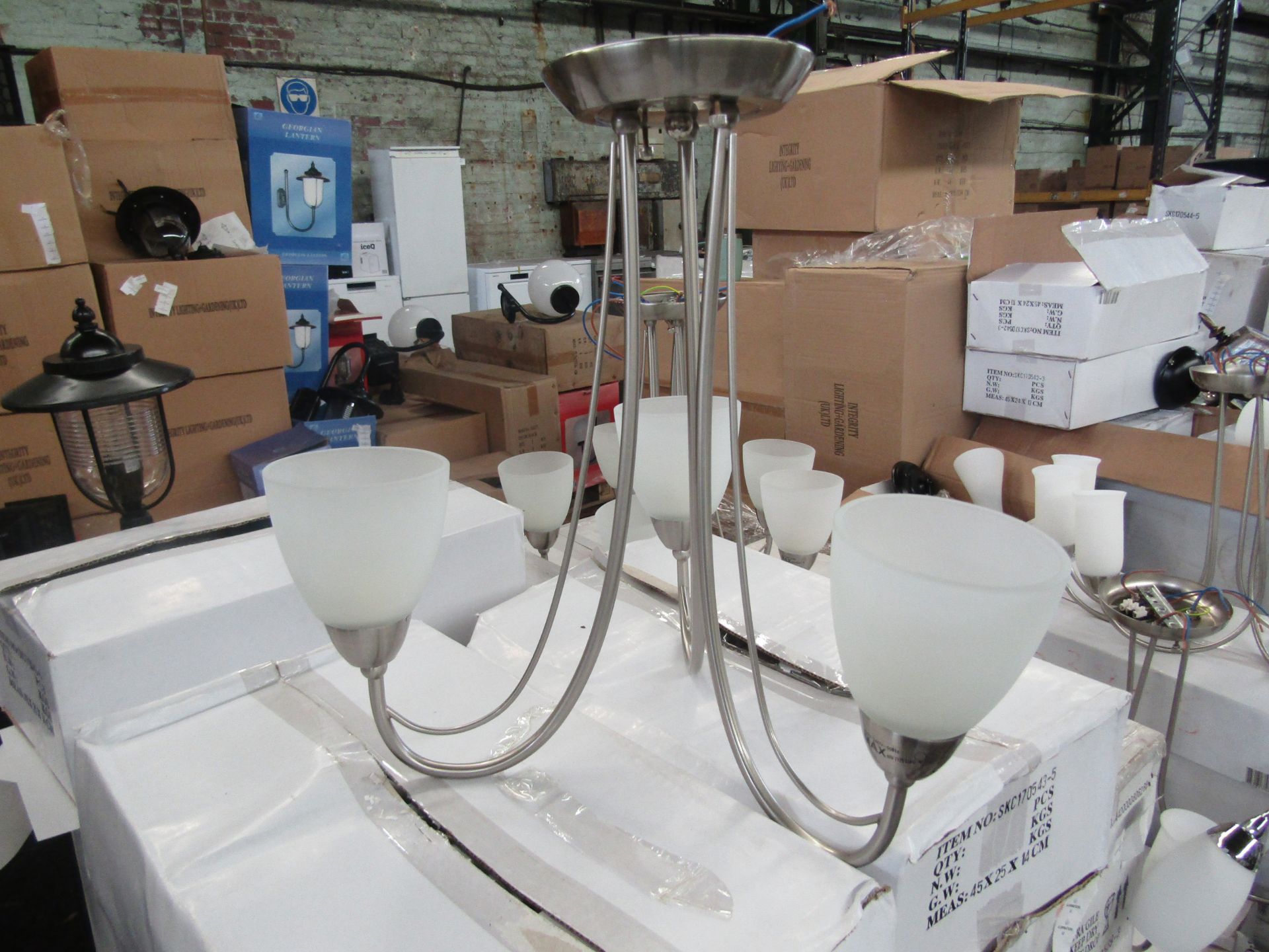 Satin Nickel 3 Arm Pendant light fitting with frosted glass shades. H38cm x W40cm (boxes maybe