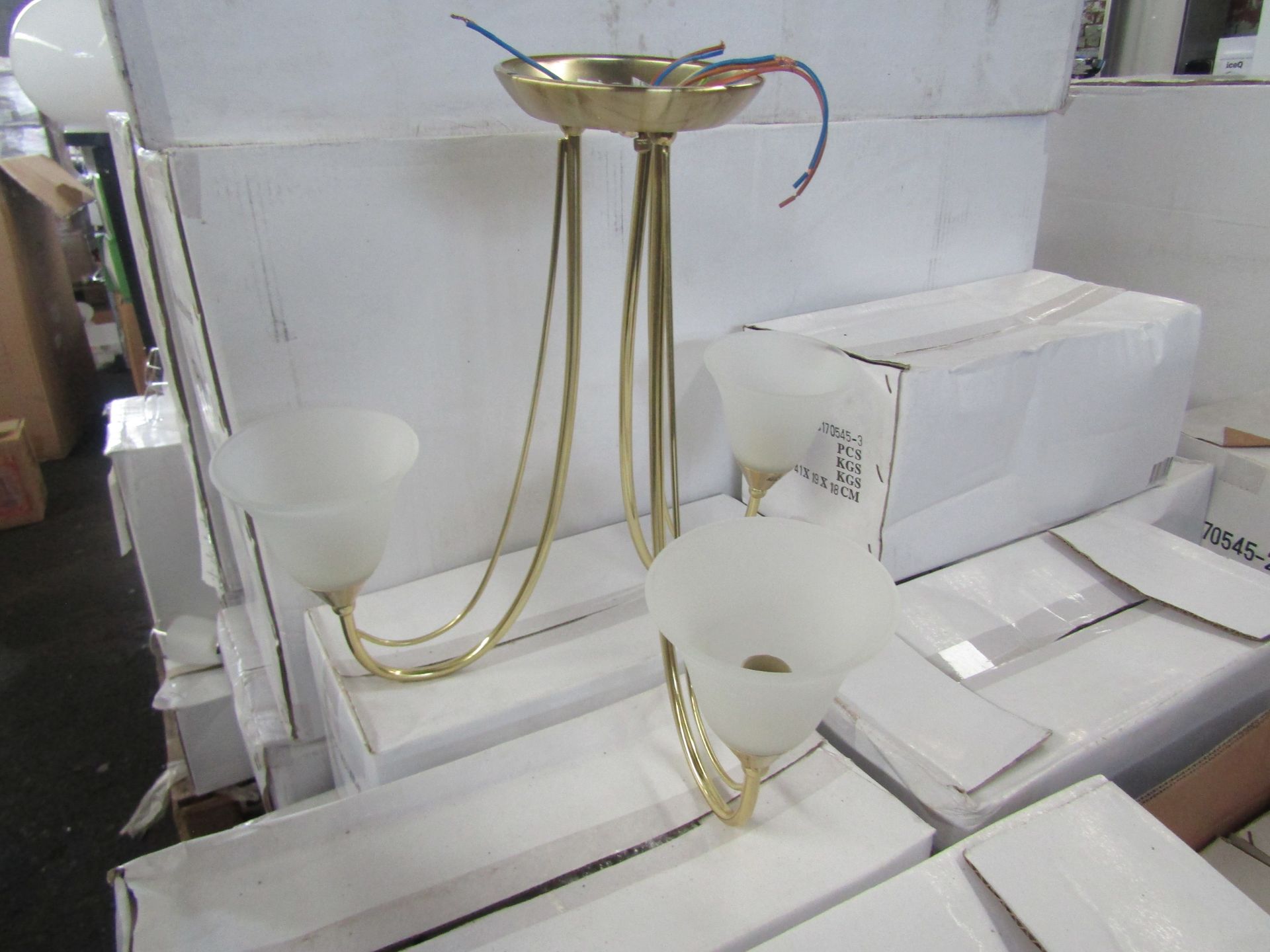 Brass 3 Arm Pendant Light fitting with frosted glass shades. H40cm x W45cm. New & Boxed (box maybe