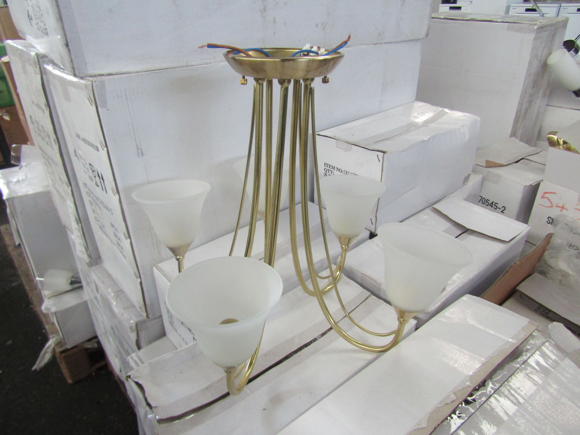Brass 5 Arm Pendant Light fitting with frosted glass shades. H40cm x W45cm. New & Boxed (box maybe