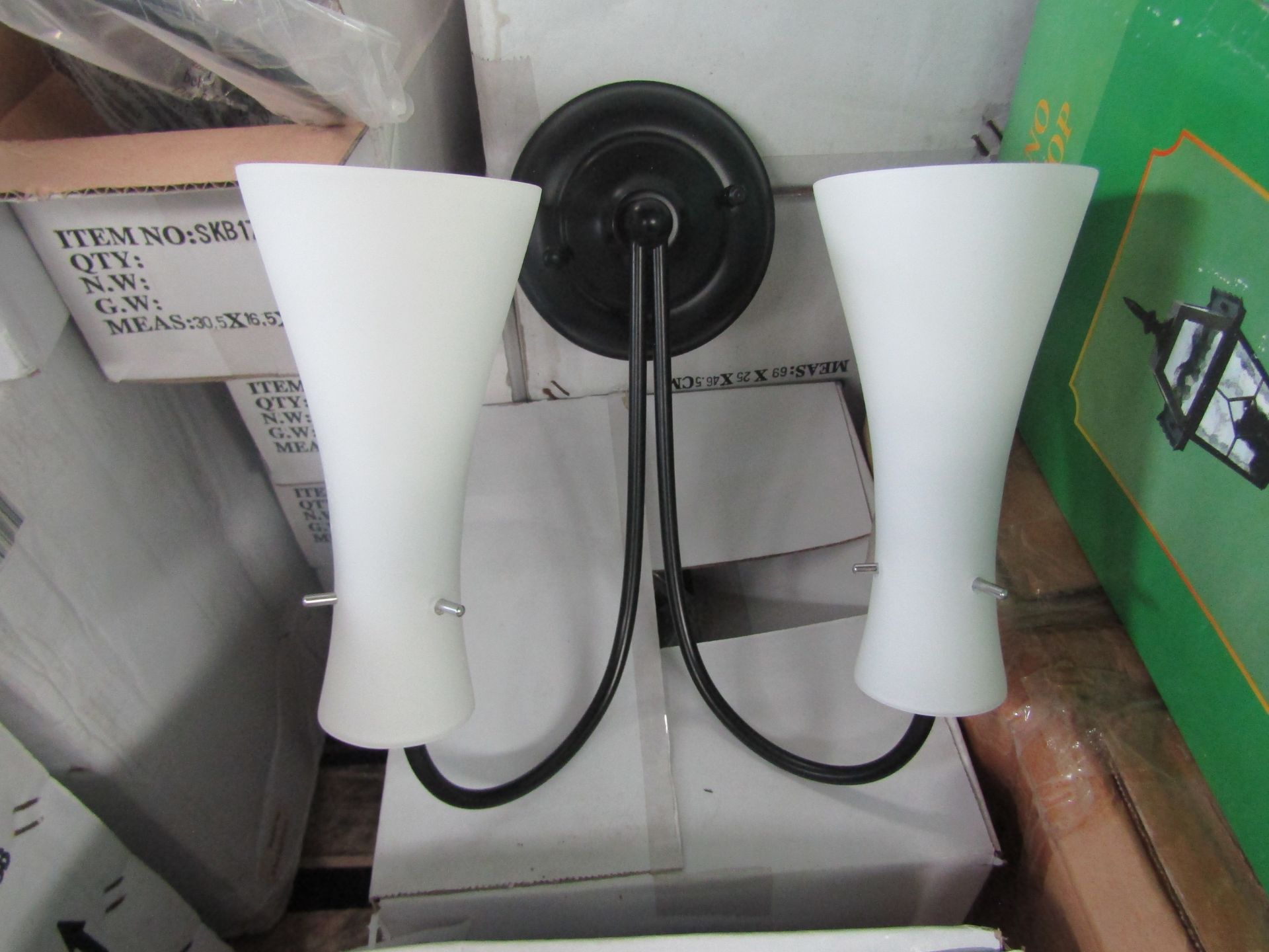 Black 3 Arm Pendant Light Fitting with frosted glass shades. H40cm x W45cm. New & Boxed. (box