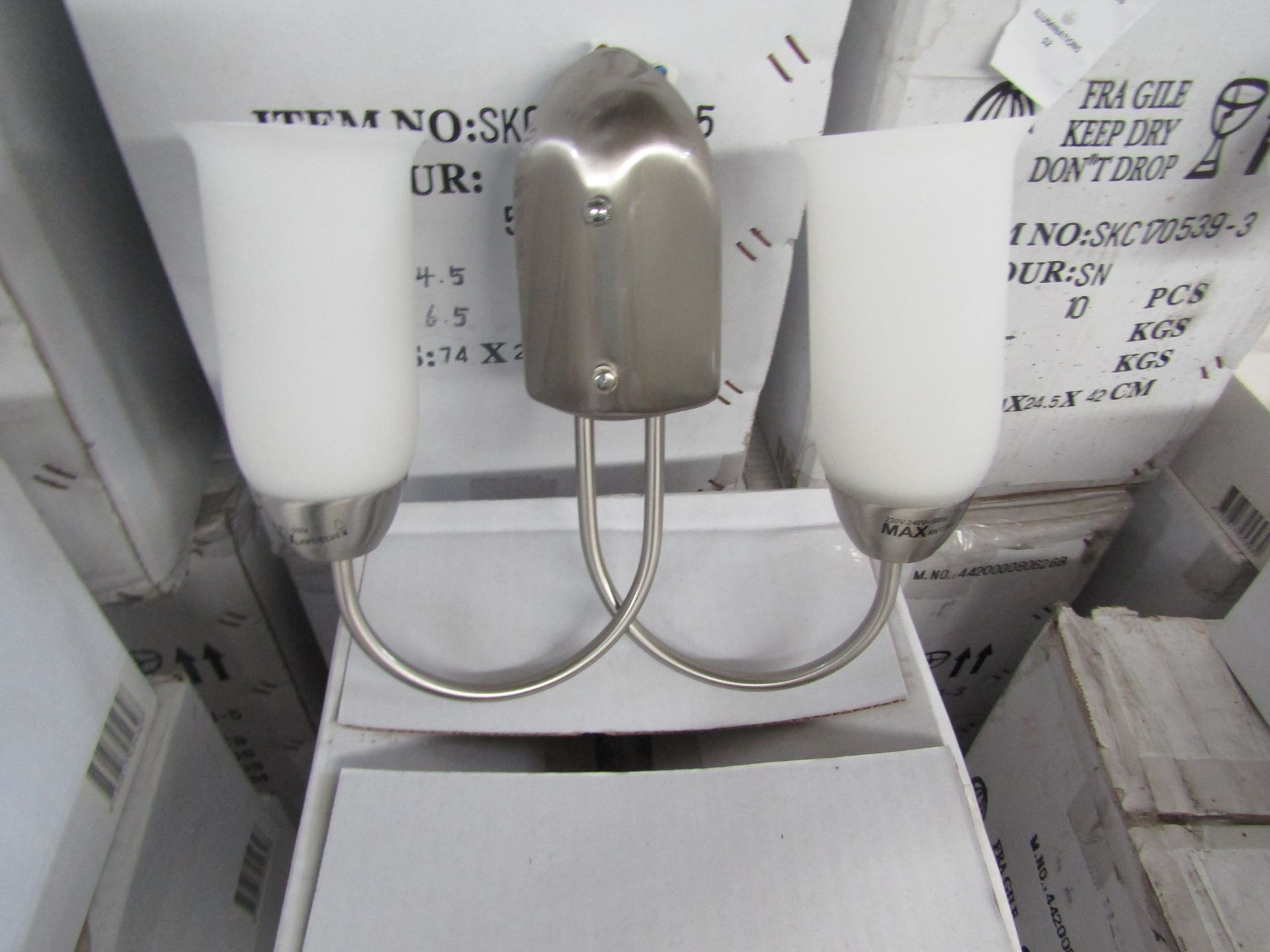 Satin Nickel 3 Arm Pendant light fitting with frosted glass shades. H38cm x W40cm (boxes maybe