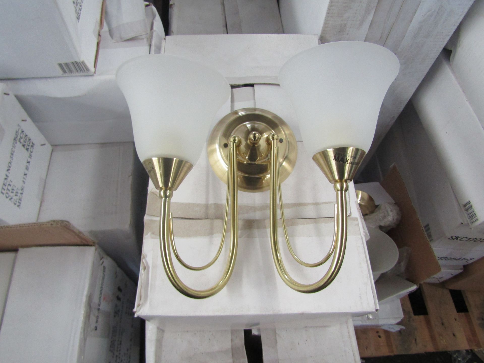 Brass 2 Arm Wall Light fitting with frosted glass shades. H20cm x W30cm. New & Boxed (box maybe shop