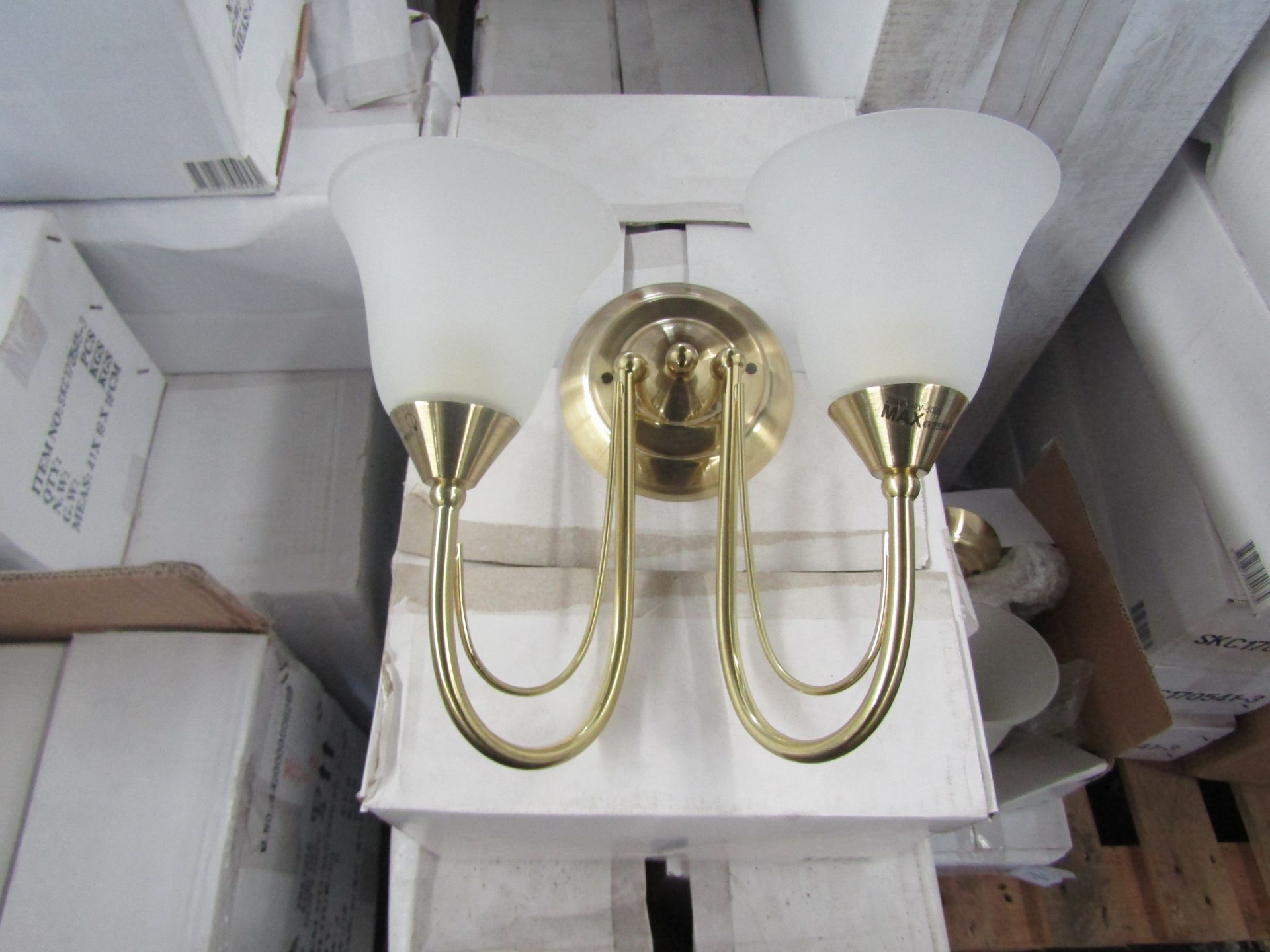 Brass 2 Arm Wall Light fitting with frosted glass shades. H20cm x W30cm. New & Boxed (box maybe shop