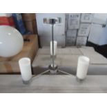 Chrome 3 Arm Pendant Light Fitting withwhite frosted glass shades.H30cm x W40cm. New & Boxed (541-