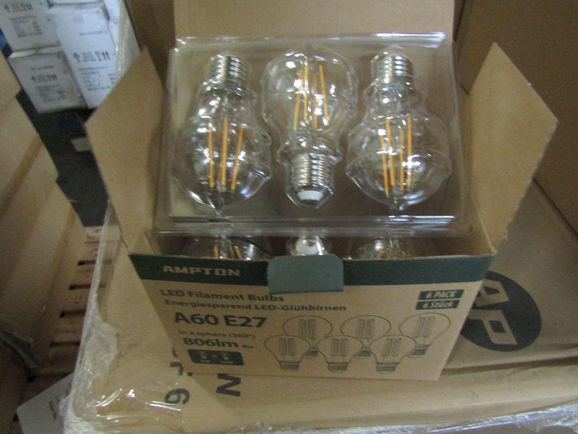 10X AMPTON - A60 E27 806 Lumen LED Filament Light Bulbs - Pack of 6 - New & Boxed.