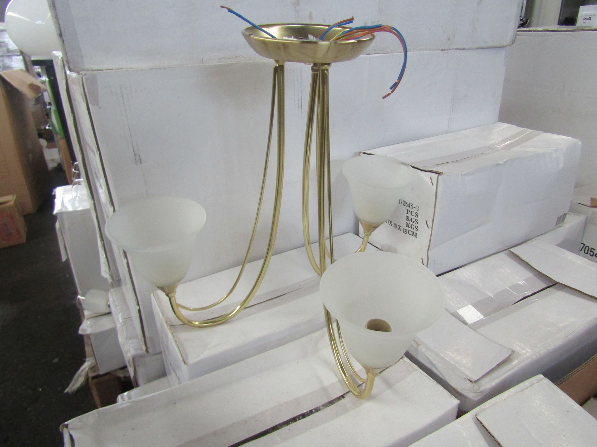 Brass 3 Arm Pendant Light fitting with frosted glass shades. H40cm x W45cm. New & Boxed (box maybe