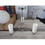 Chrome 3 Arm Pendant Light Fitting withwhite frosted glass shades.H30cm x W40cm. New & Boxed (541-