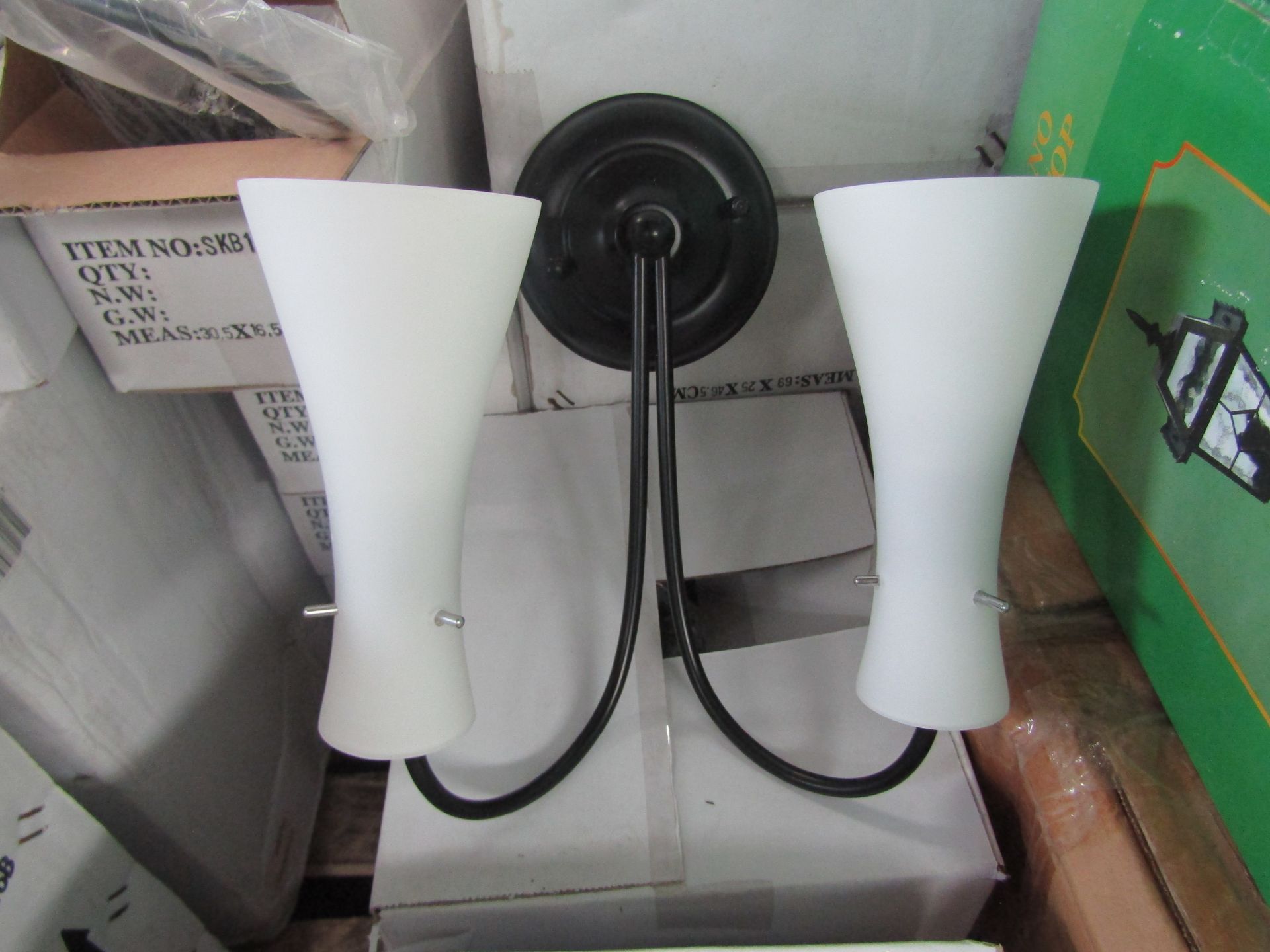 Black 2 Arm Wall Light Fitting with frosted glass shades. H30cm x W26cm. New & Boxed. (box maybe