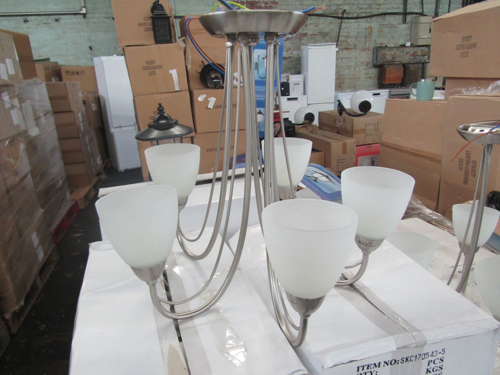 Satin Nickel 5 Arm Pendant light fitting with frosted glass shades. H40cm x W45cm New & Boxed (box