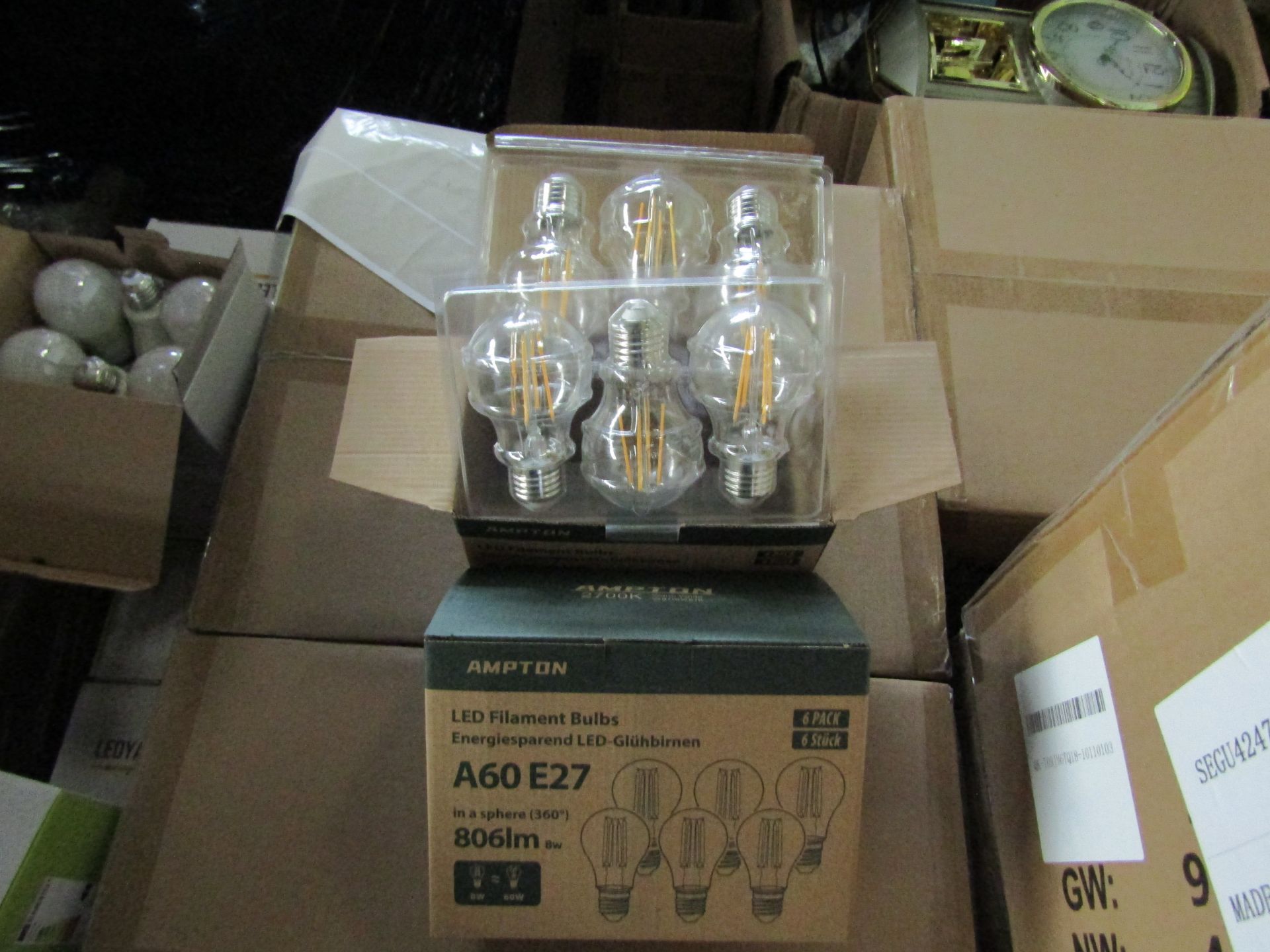 2X AMPTON - A60 E27 806 Lumen LED Filament Light Bulbs - Pack of 6 - New & Boxed.