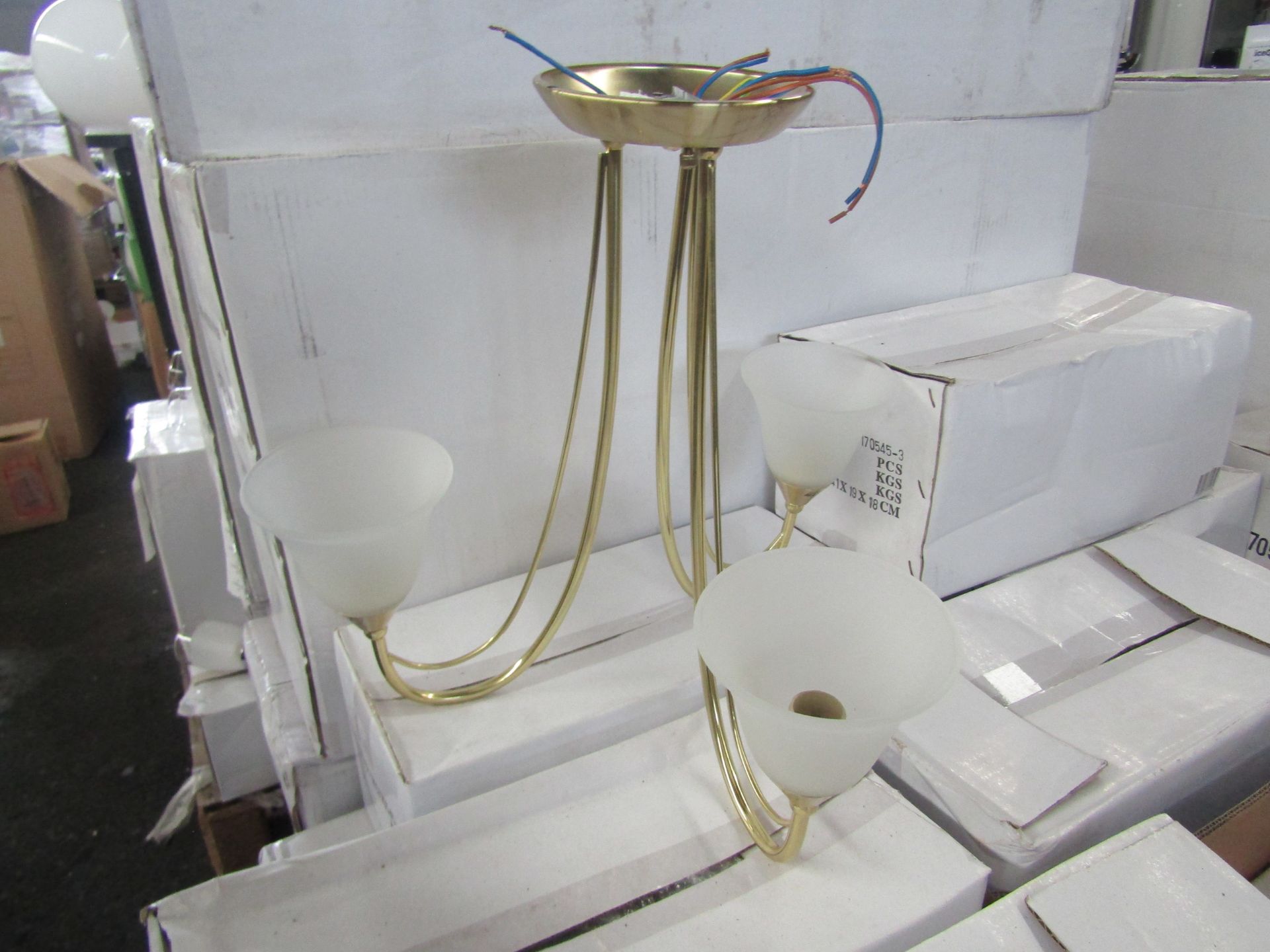 Brass 3 Arm Pendant Light fitting with frosted glass shades. H40cm x W45cm. New & Boxed (box maybe