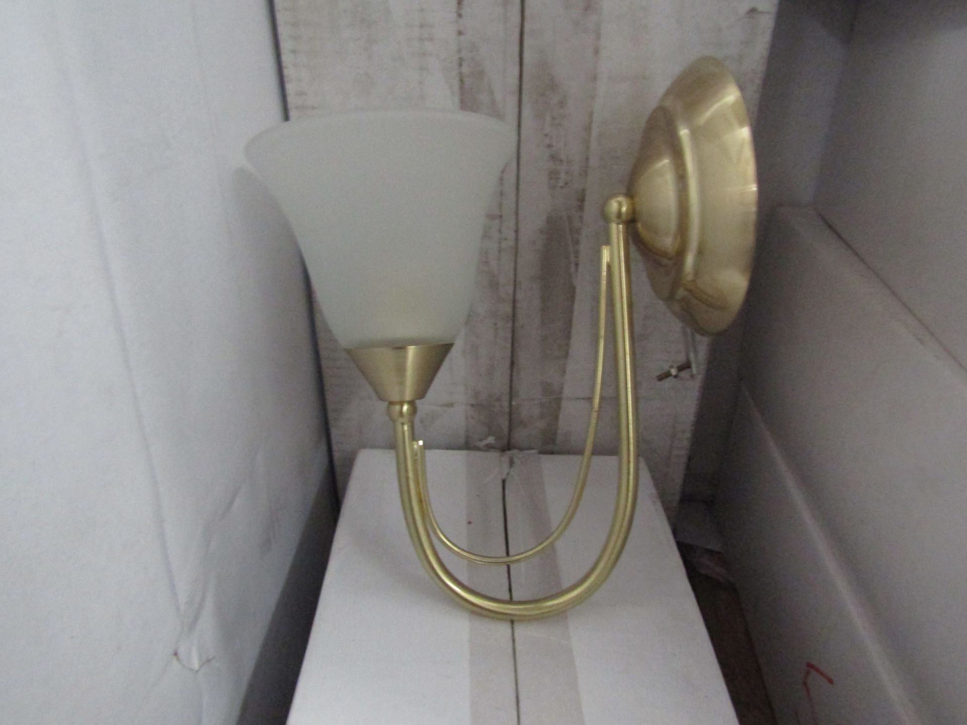 Brass 1 Arm Wall Light fitting with frosted glass shades. H20cm x W15cm. New & Boxed (box maybe shop