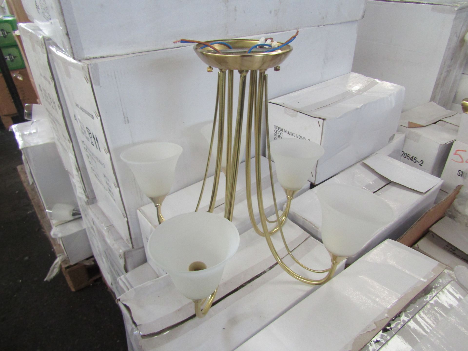 Brass 5 Arm Pendant Light fitting with frosted glass shades. H40cm x W45cm. New & Boxed (box maybe