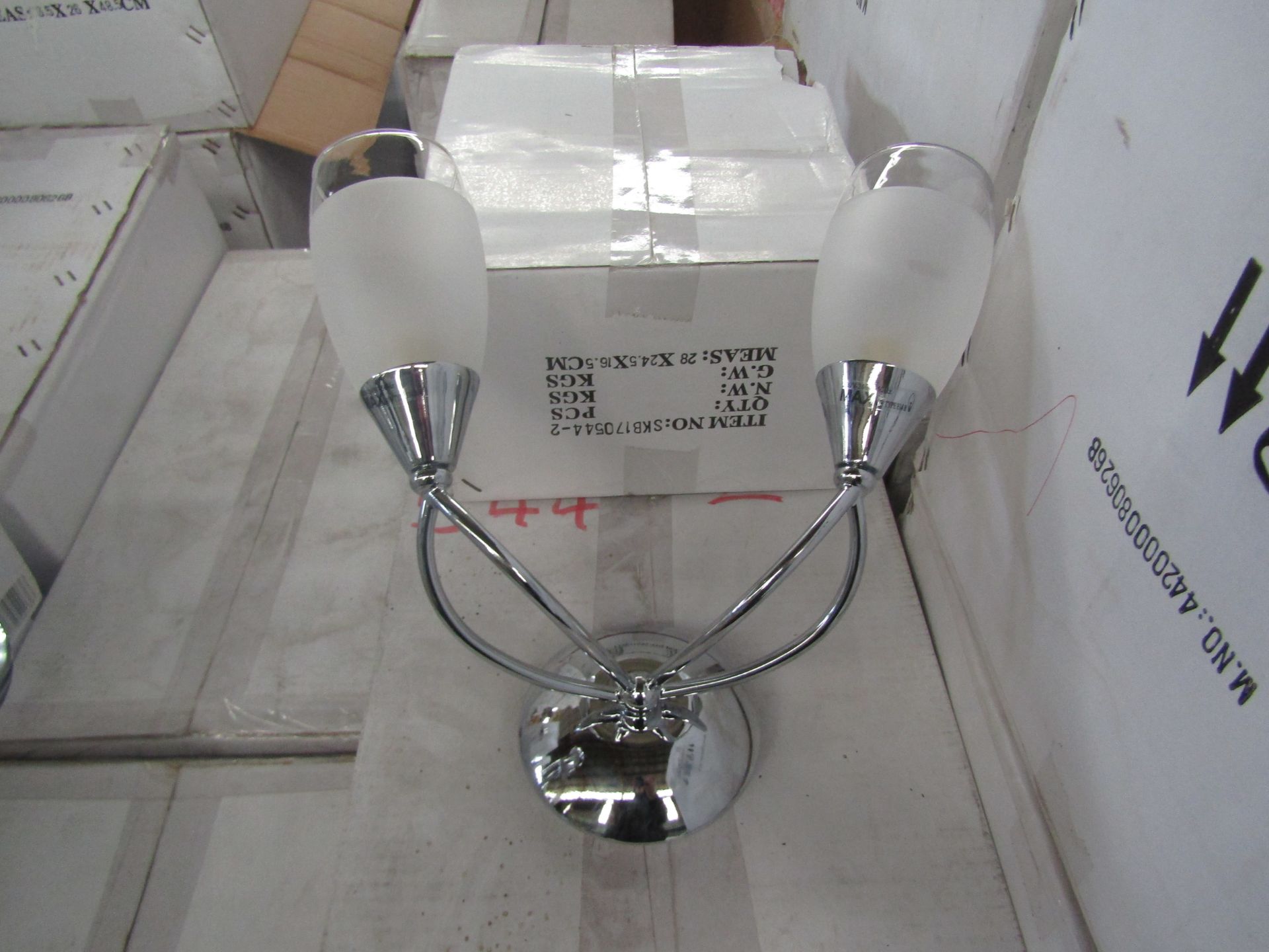 Chrome 2 Arm wall light fitting.with 3/4 frosted glass shades. H30cm x 30cm)New & Boxed. (544-2)