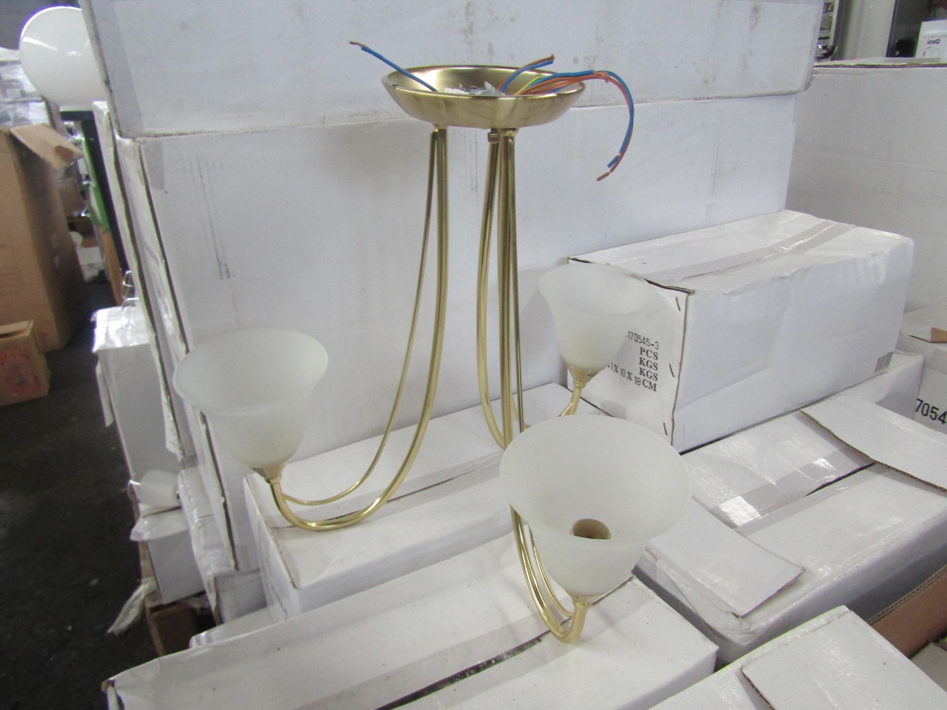 Brass 3 Arm Pendant Light fitting with frosted glass shades. H40cm x W45cm. New & Boxed (box maybe