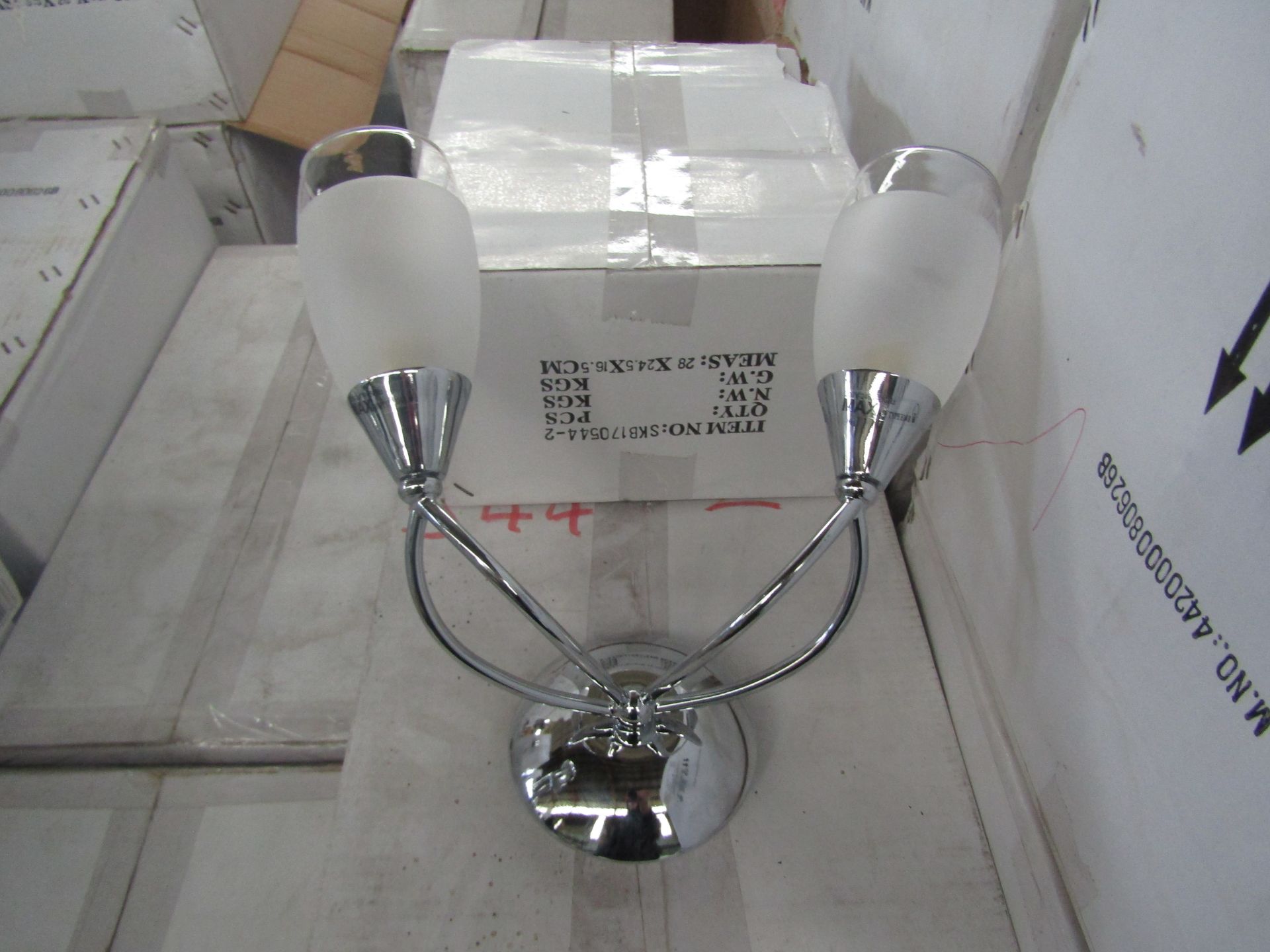 Chrome 2 Arm wall light fitting.with 3/4 frosted glass shades. H30cm x 30cm)New & Boxed. (544-2)