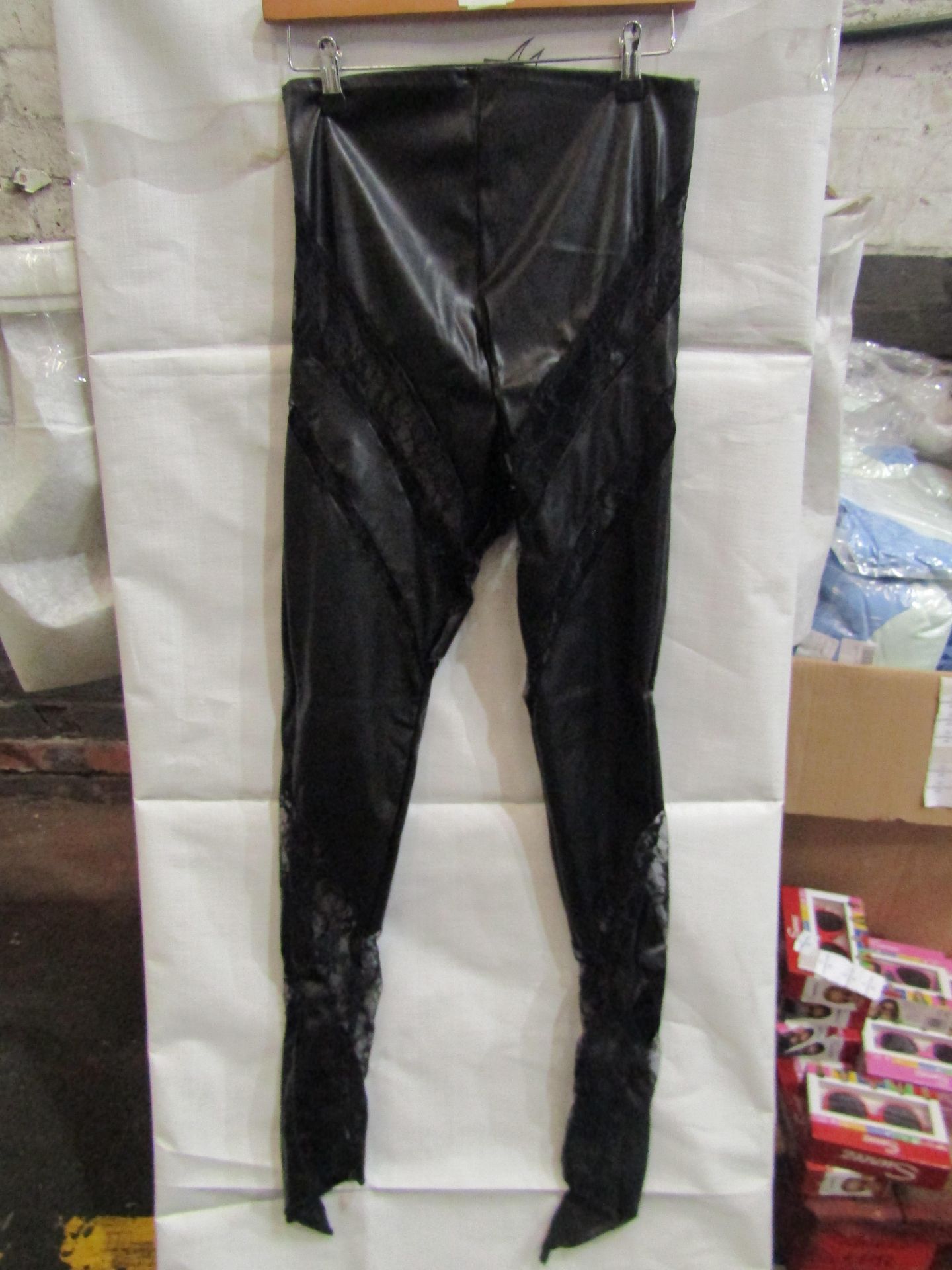 5x Pretty Little Thing Shape Black Faux Leather Lace Insert Leggings, Size 16, New & Packaged.