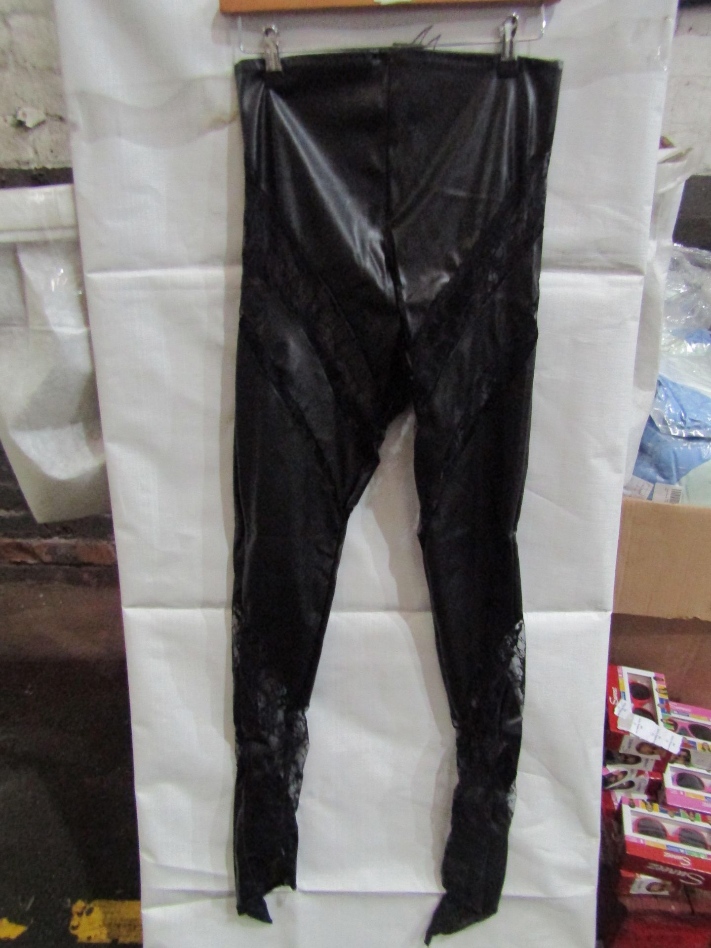 5x Pretty Little Thing Shape Black Faux Leather Lace Insert Leggings, Size 10, New & Packaged.