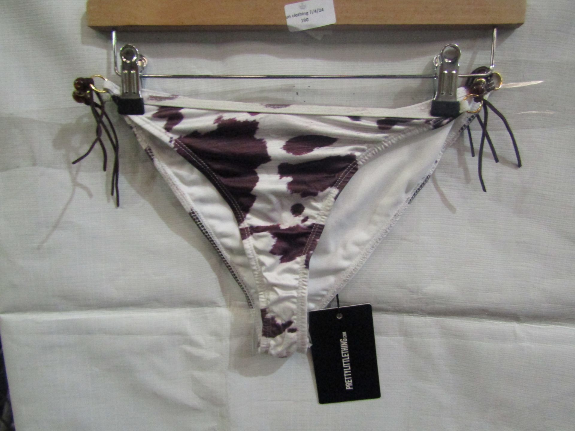 2x Pretty Little Thing Brown Cow Print Beaded Tie Bikini Bottoms - Size 4, New & Packaged.