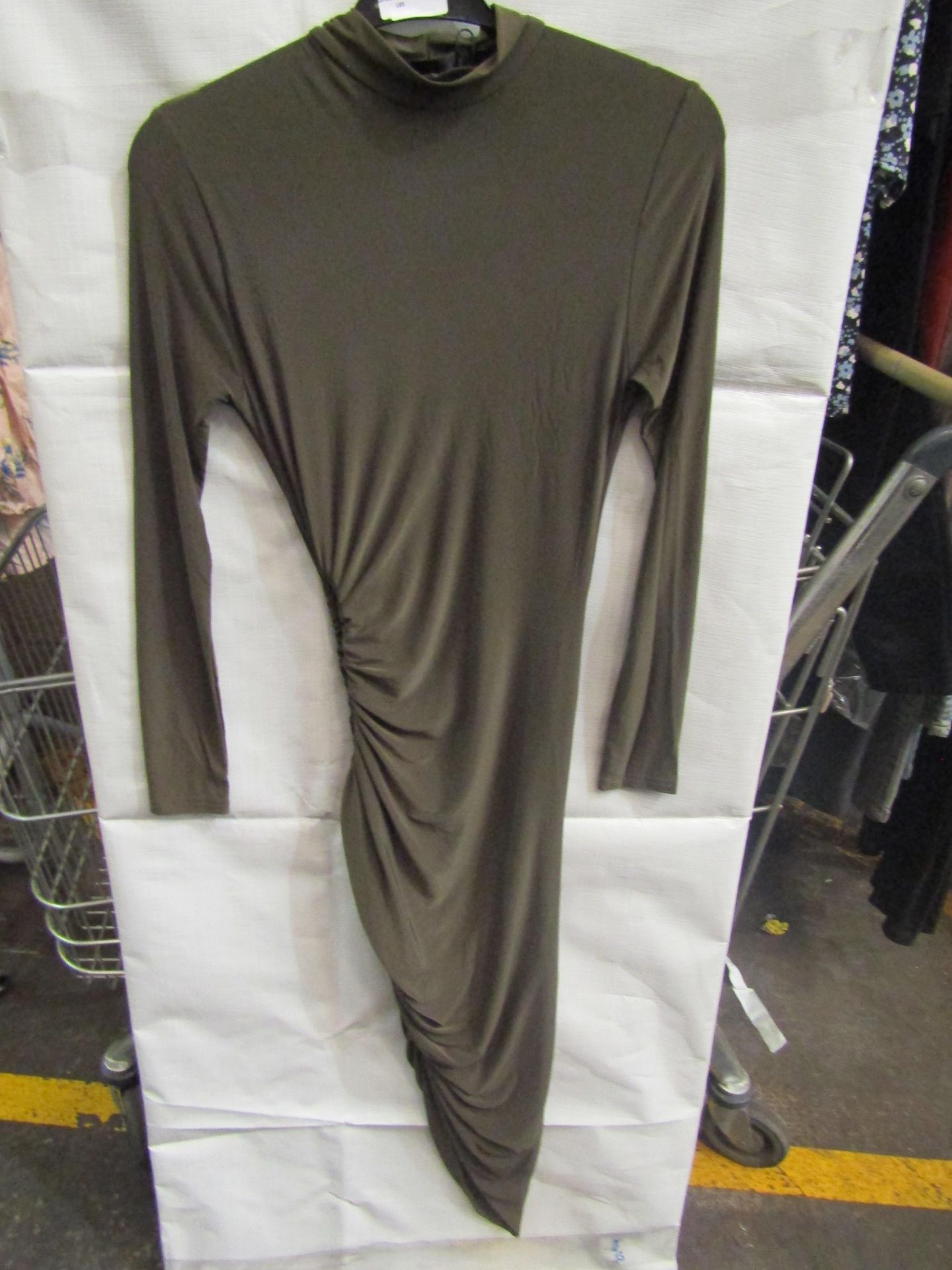 2x Missguided High Neck Cut Out Midaxi Dress, Slinky, Khaki - Size 8, New & Packaged.