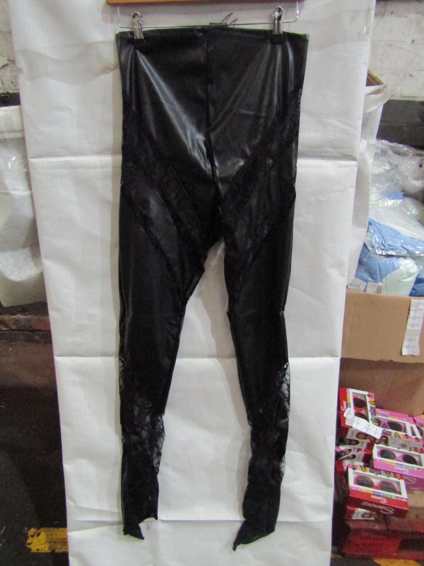 5x Pretty Little Thing Shape Black Faux Leather Lace Insert Leggings, Size 12, New & Packaged.