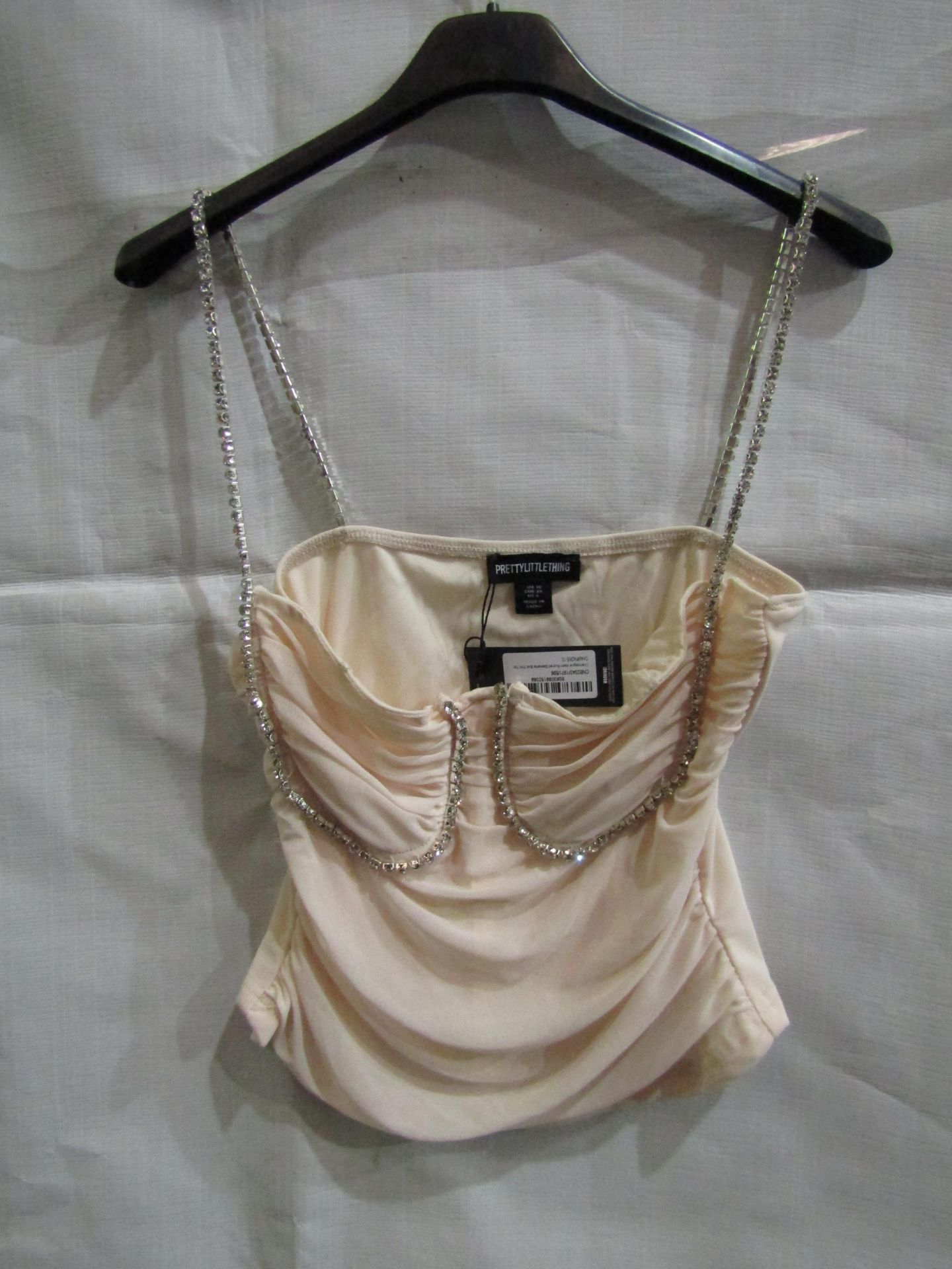 4 x PrettyLittleThing Champagne Mesh Ruched Diamante Bust Trim Top, Size: 8 - New & Packaged.