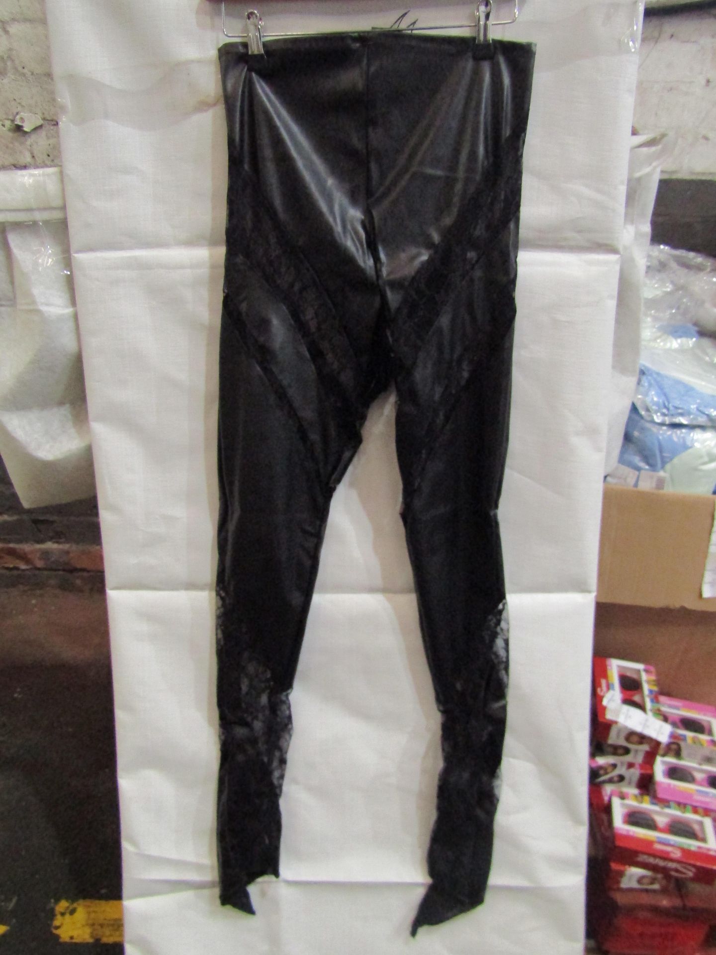 5x Pretty Little Thing Shape Black Faux Leather Lace Insert Leggings, Size 16, New & Packaged.