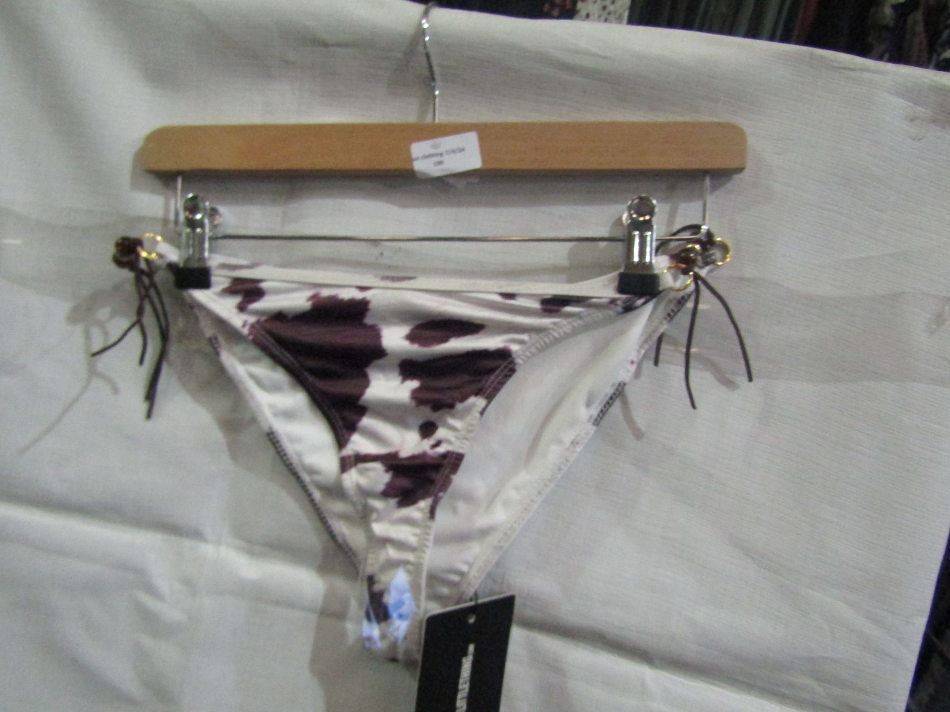 2x Pretty Little Thing Brown Cow Print Beaded Tie Bikini Bottoms - Size 16, New & Packaged.