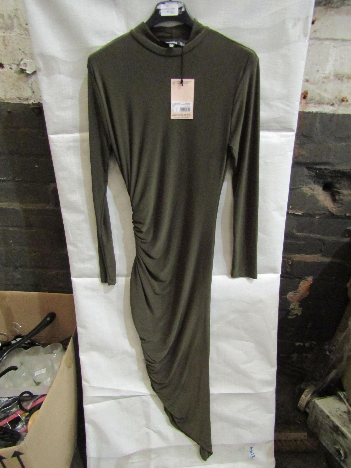 2x Missguided High Neck Cut Out Midaxi Dress Slinky Khaki, Size: 8 - New & Packaged.
