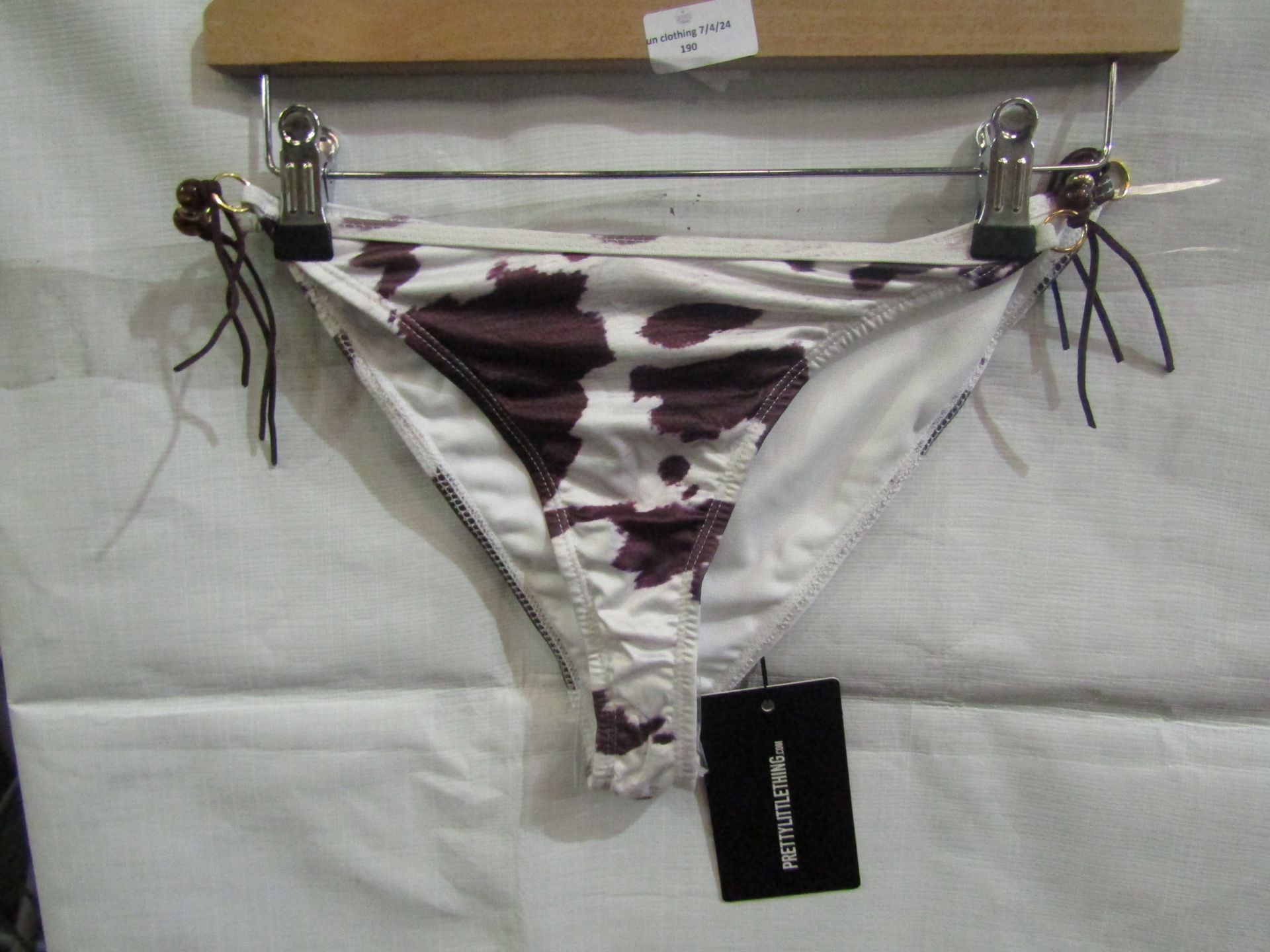 2x Pretty Little Thing Brown Cow Print Beaded Tie Bikini"s - Size 12, New & Packaged.