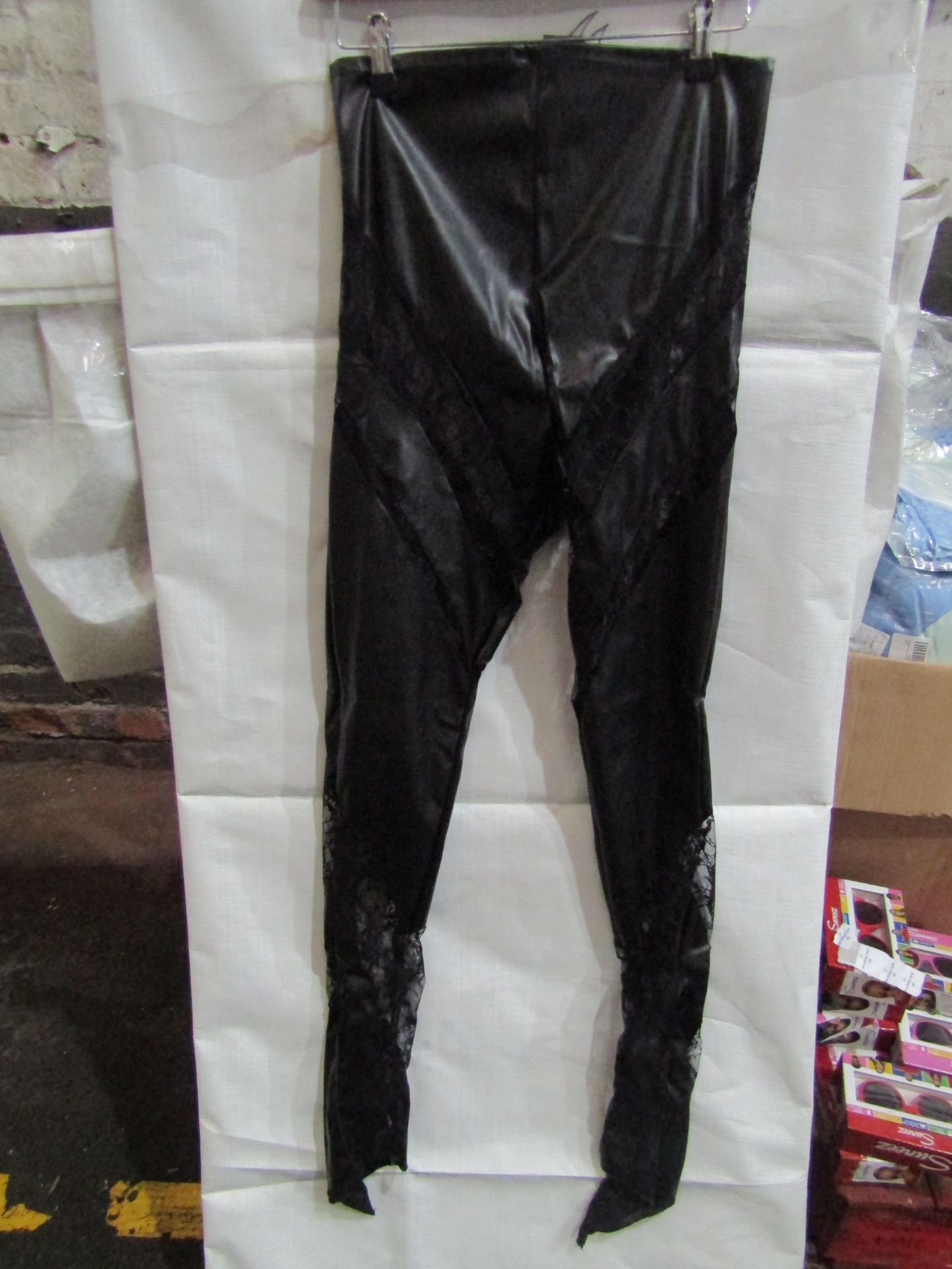 5x Pretty Little Thing Shape Black Faux Leather Lace Insert Leggings, Size 10, New & Packaged.