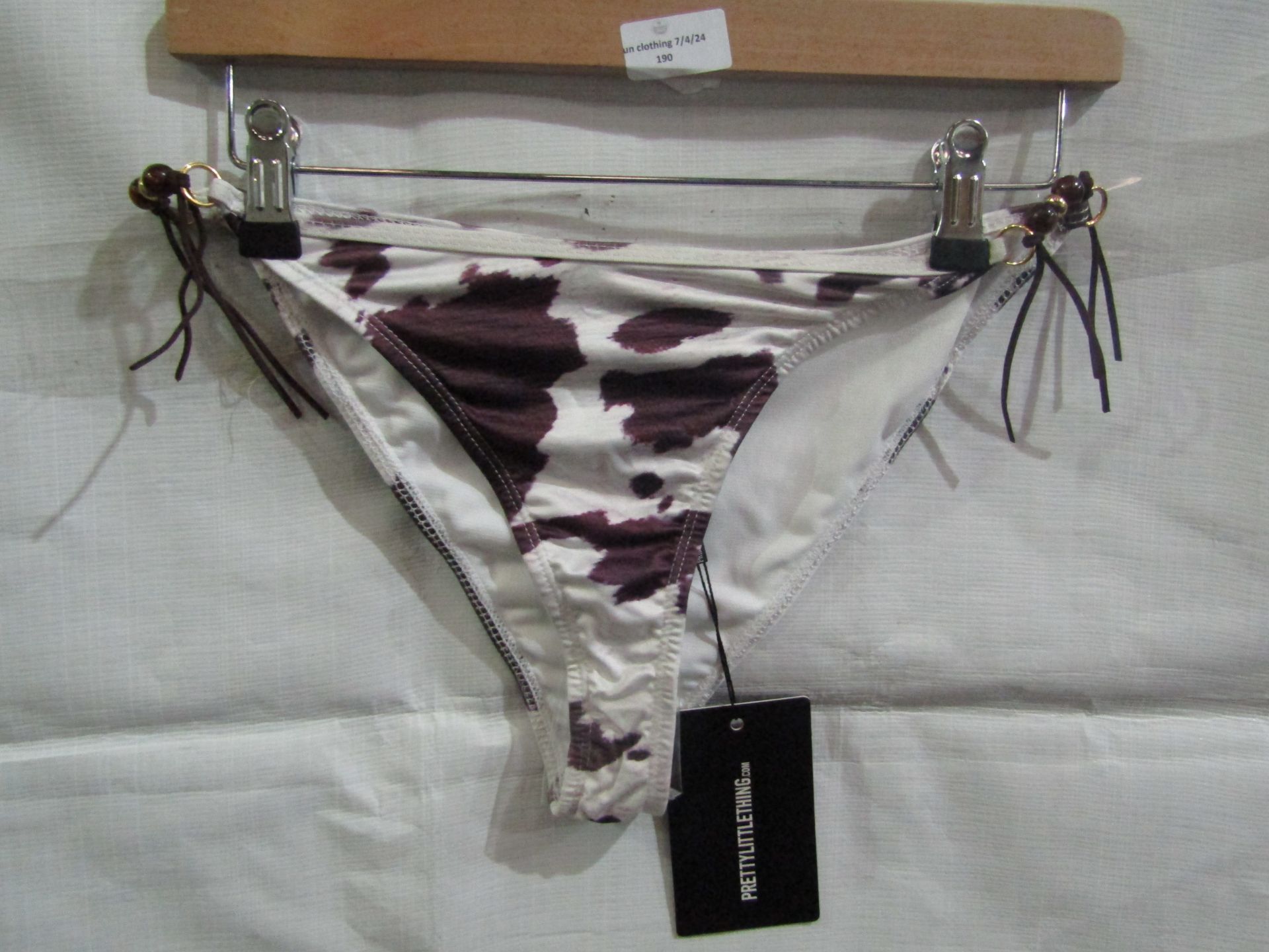 2x Pretty Little Thing Brown Cow Print Beaded Tie Bikini Bottoms - Size 14, New & Packaged.