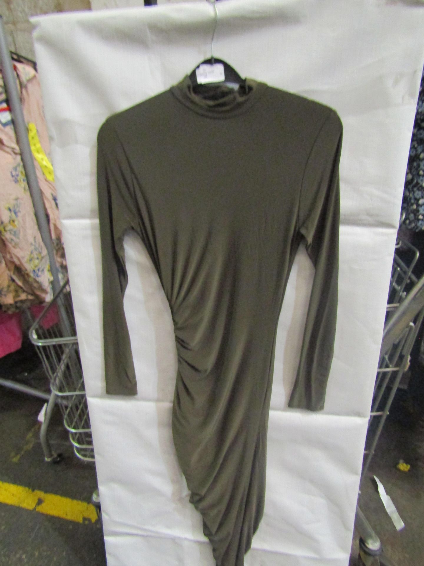 Missguided High Neck Cut Out Midaxi Dress, Slinky, Khaki - Size 14, New & Packaged.