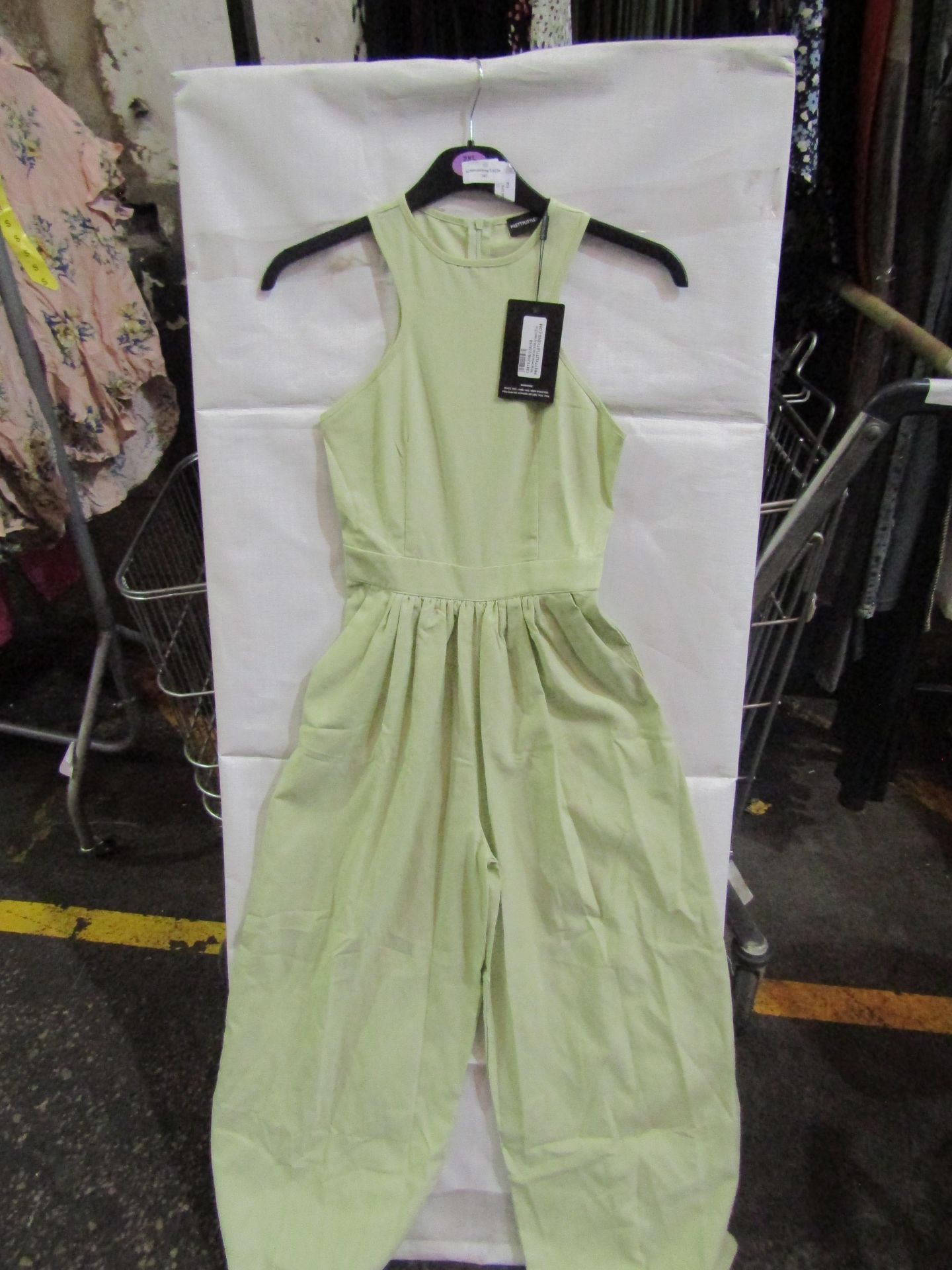 3 x Pretty Little Thing Petite Sage Green Racer Neck Linen Look Wide Leg Jumpsuit- Size 4, New &