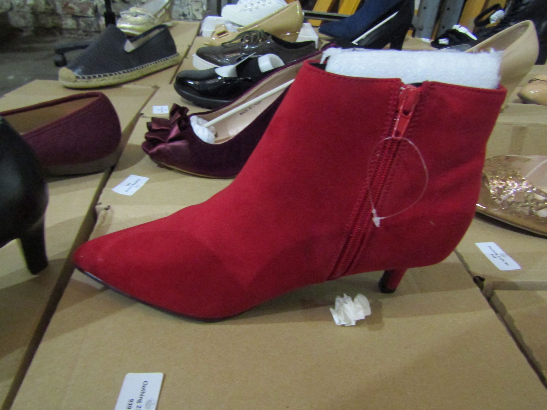 JD Williams Red Velvet Ankle High Heeled Shoes, Size: 6 - Unused & Boxed.
