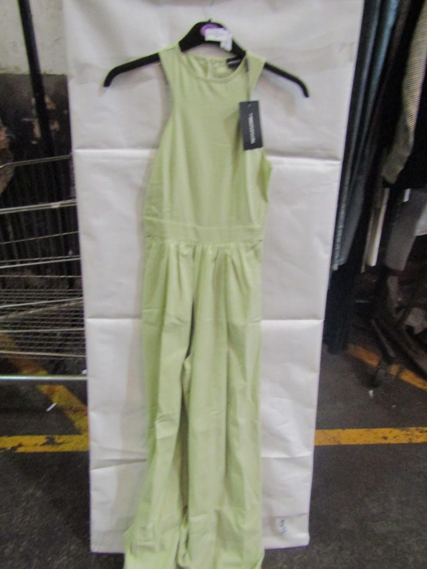 PrettyLittleThing Petite Sage Green Racer Neck Linen Look Wide Leg Jumpsuit, Size: 6 - Good