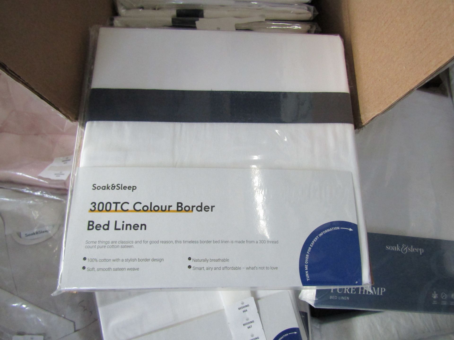 Soak & Sleep White/Navy 300TC Colour Border Cotton Standard Housewife Pillowcase Pair RRP 07