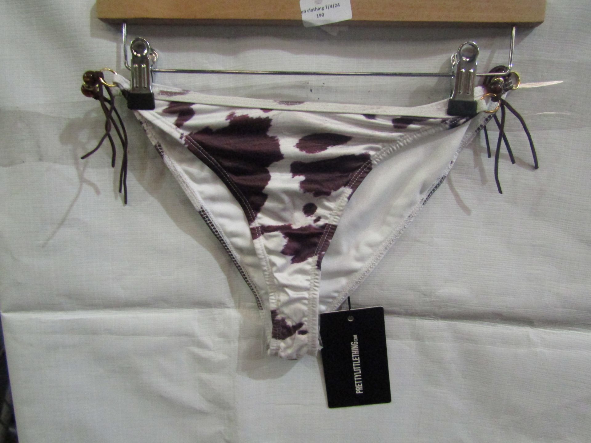 2x Pretty Little Thing Brown Cow Print Beaded Tie Bikini Bottoms - Size 4, New & Packaged.